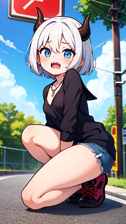 (masterpiece, sidelighting, finely detailed beautiful eyes: 1.2), masterpiece*portrait, realistic, 3d face, lustrous skin, 1girl,  anastasia (idolmaster), grey hair, short hair, black shirt, denim jacket, navel, short shorts, (revcowgirl:1.4), spread legs, (1boy, penis, sex:1.2), necklace, blue eyes, smile, blush, earrings, (street:1.1)