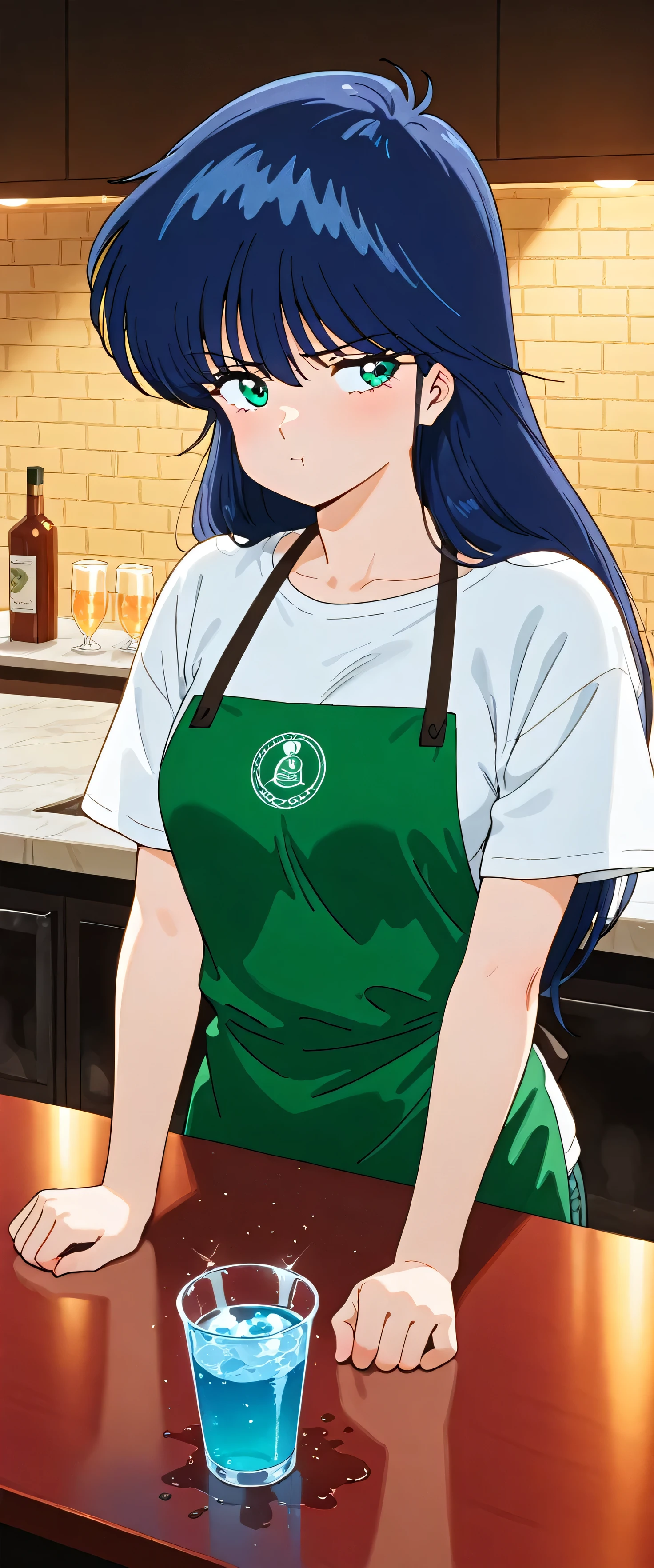 (beautiful girl: 1.3),Highest quality,8k,Highly detailed CG unit wallpaper,masterpiece:1.2,top-quality,Ultra-high resolution,RAW Photos,real texture skin,Cinema Lighting,Shiny light hair,coffee shop counter,MadokaAyukawa,1girl,blue hair,long hair,green eyes, breasts,aqua eyes,(backlighting:1.2),Green apron,White T-shirt with text,hot pants,(roughly place a glass of water on the counter:1.5),pout,Water is spilling around the cup
