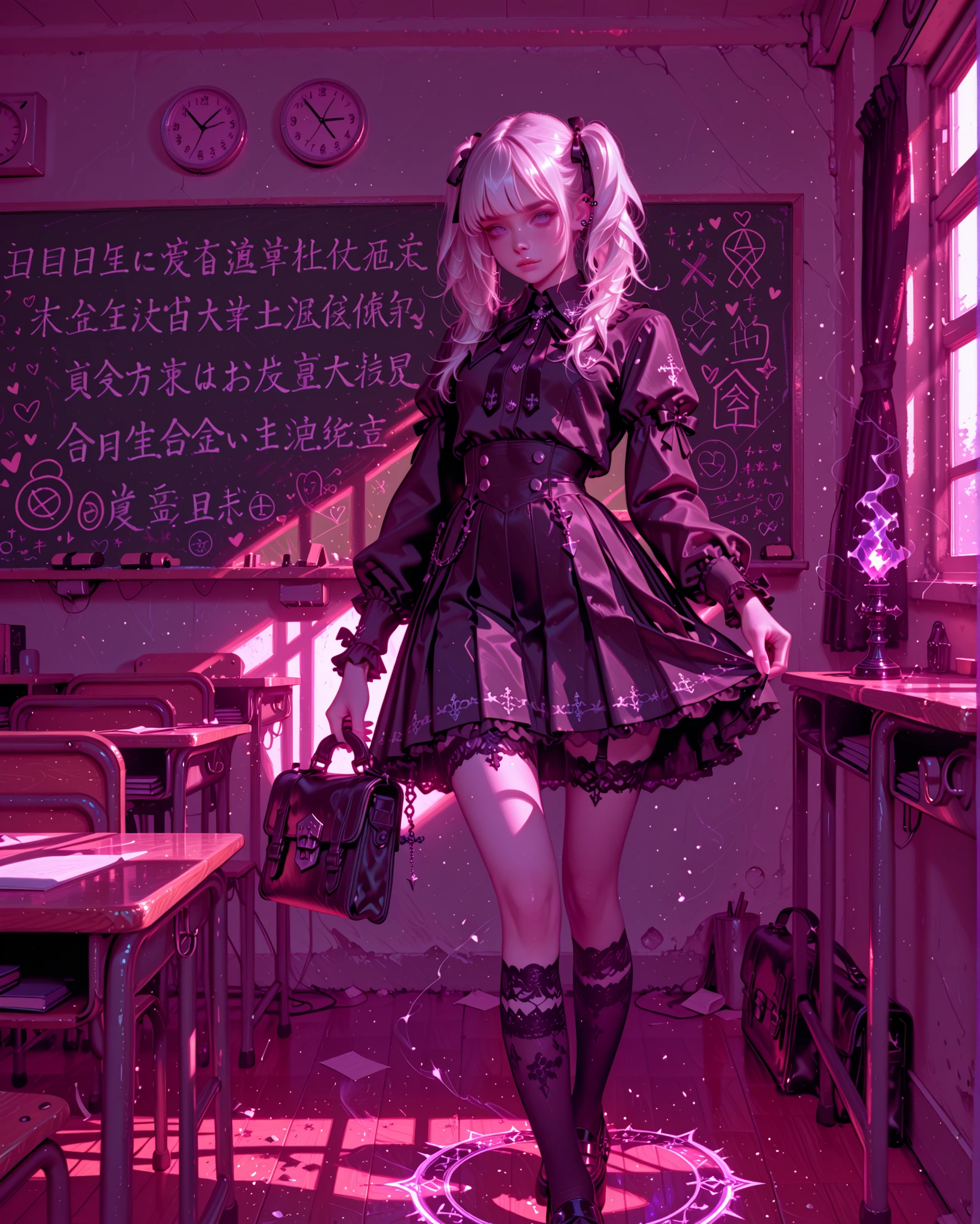 gothic schoolgirl, pale skin, long white hair in two high pigtails with black lace ribbons, piercing icy blue eyes, wearing a black pleated skirt with subtle lace trim, fitted gothic blouse with puffed sleeves and silver buttons, black tie with occult symbols, black platform shoes with metal buckles, lace thigh-high socks, holding a black gothic school satchel with silver chains and charms, floating gracefully in the middle of a dimly lit classroom, desks and chairs scattered as if pushed by an unseen force, chalkboard with faint glowing runes, sunlight filtering through dusty windows, faint purple and blue magical energy swirling around her, her hair and skirt gently lifted by the levitation, gothic atmosphere, cinematic lighting with soft shadows, high detail, realistic textures.
