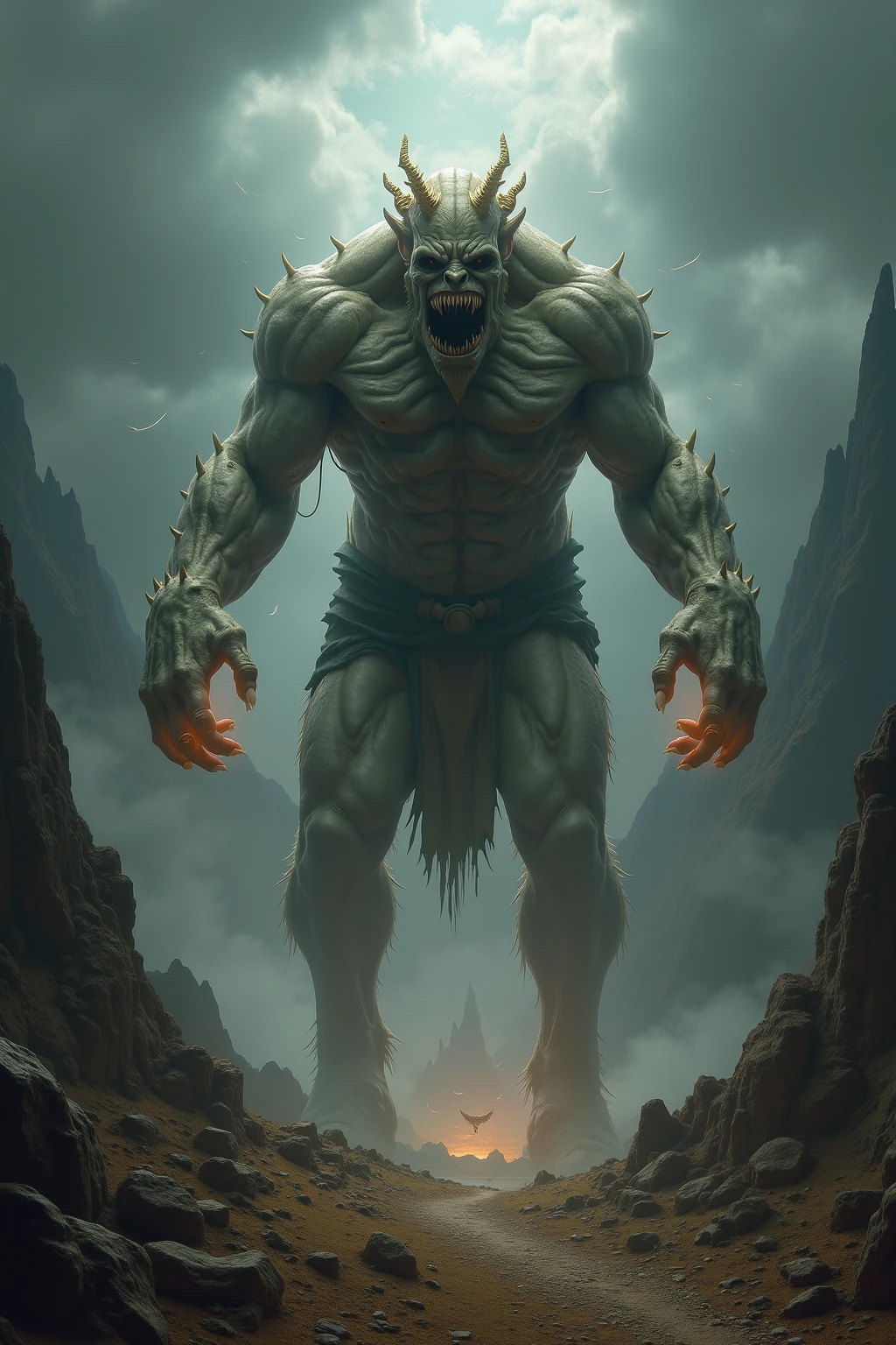 Doomsday's appearance is a terrifying fusion of his monstrous physique and the remnants of what he wears. His massive, muscular body is covered in grey, rock-like skin, with sharp, bony protrusions jutting out from his head, knuckles, elbows, shoulders, and knees. He often wears tattered, minimalistic armor, usually consisting of shredded green shorts or a loincloth, which barely covers him and emphasizes his brutal nature. The remnants of these battle-worn garments hang from his hulking frame, further enhancing his savage, indestructible look. His face is equally fearsome, with glowing red eyes, a snarling expression, and bone spikes protruding from his chin and jawline, making him look like the embodiment of unstoppable destruction.