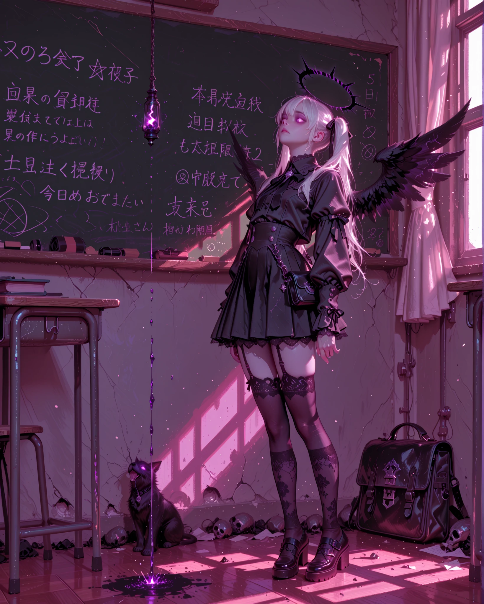 gothic schoolgirl, pale skin, long white hair in two high pigtails with black lace ribbons, icy blue glowing eyes, wearing a black pleated skirt with subtle lace trim, fitted gothic blouse with puffed sleeves and silver buttons, black tie with occult symbols, black platform shoes with metal buckles, lace thigh-high socks, floating mid-air in the center of a dimly lit classroom, body arched backwards with chest pushed upward, head tilted back as if in a trance or possession, arms hanging loosely at her sides, black gothic school satchel hanging from one hand, faint purple and dark blue magical energy swirling around her body, hair and skirt floating unnaturally, chalkboard covered in faint glowing runes, desks and chairs scattered, sunlight beams cutting through dusty air, dark halo of shadow forming under her, floor cracked with glowing light pouring through the fissures, eerie cinematic atmosphere, ultra-detailed, realistic gothic style.