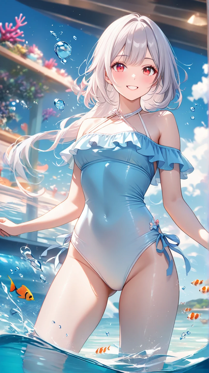 (((2D beautiful girl)))、Beautiful illustration、top-quality、Perfect fingertip、perfect anatomia、Dress perfectly、cute petit girl、(transform sequence)、((onepiece swimsuit))、12year old、Slender beautiful girl、Fractal Art、baby-face、stright long hair、beatiful detailed eyes、kindly smile、Full Body Display、（1 person）、Tropical beaches、The colors of the costume are white and blue、
