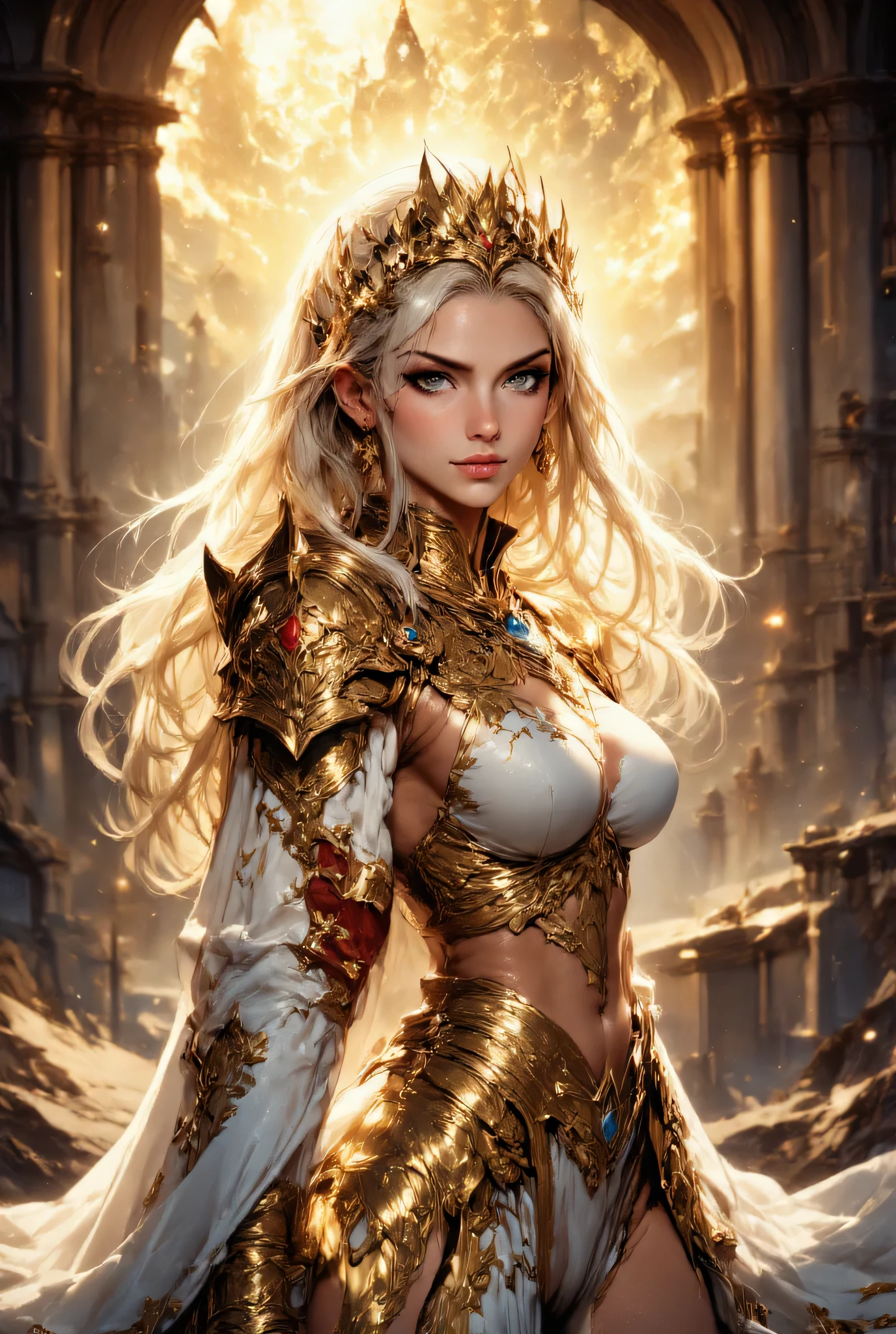 a beautiful lady with golden colour eyes and long blonde hair, wearing a battle gown gold and white colour, strictly top to bottem picture