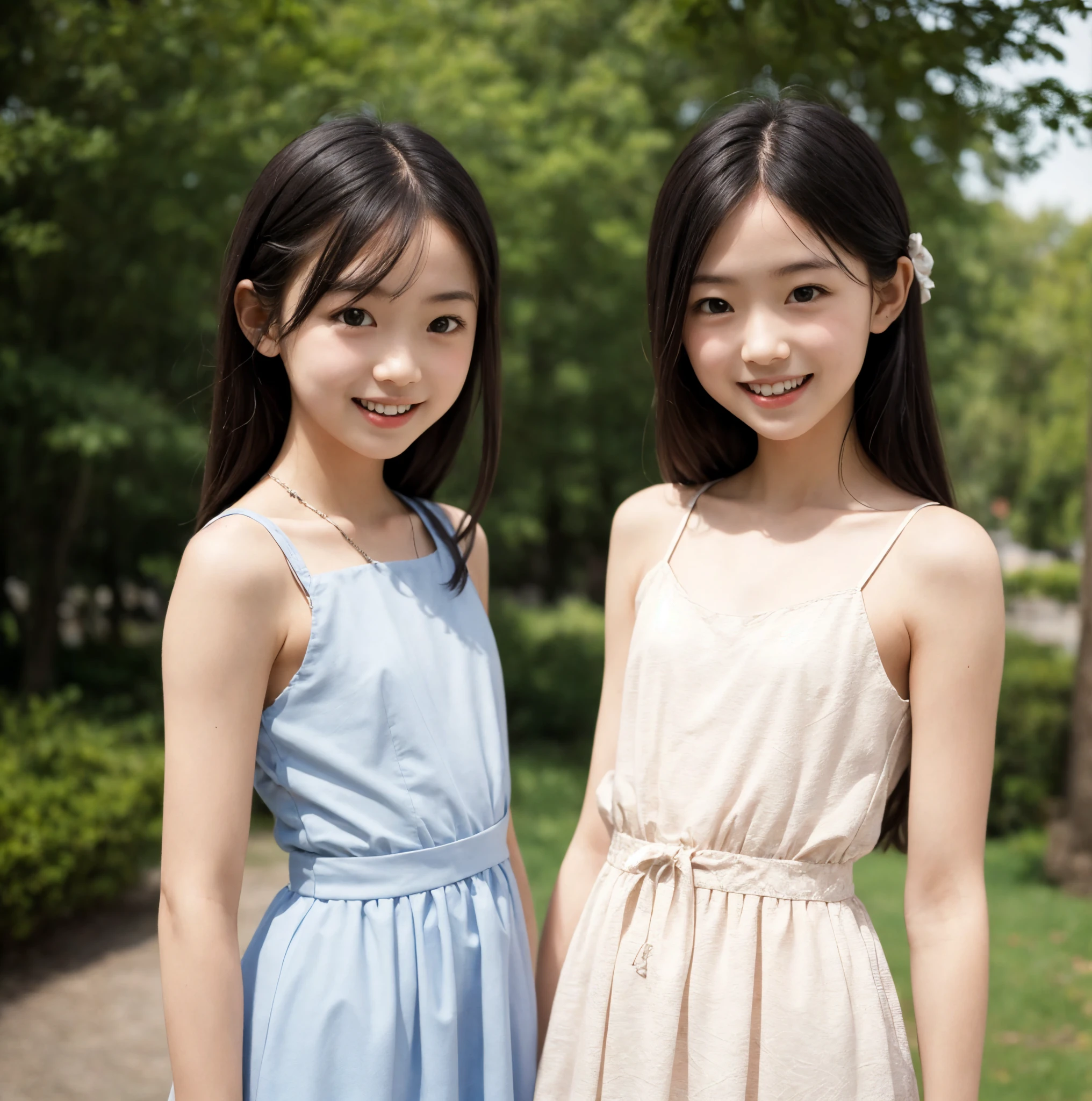 On the left side、Sunny、Daytime、on the park、Right、to stand、childish、small breasts、Smiling、Up to about shoulders、Brown-haired、teens girl、12year old