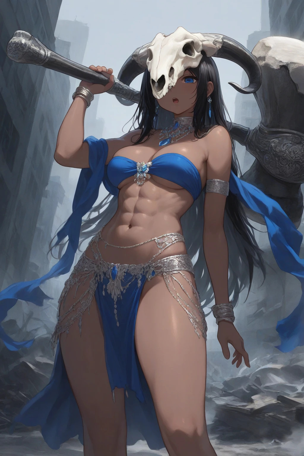 tomoe, aqua hair, long hair, ponytail, red scarf, hair between eyes, curvy, huge breasts, anatomically correct, outfit-km, blue fire, (shaded face:1.2), hollow eyes, red eyes, looking at viewer, heavy breathing, smirk, upper teeth, lips, weapon, katana,  sword, sheath, holding, standing, looking_at_viewer, lips, hair_ornament, "glow effects, godrays, Hand drawn, render, 8k, octane render, cinema 4d, blender, dark, atmospheric 4k ultra detailed, cinematic, Sharp focus, big depth of field, Masterpiece, colors, 3d octane render, 4k, concept art, trending on artstation, hyperrealistic, Vivid colors, extremely detailed CG unity 8k wallpaper, trending on CGSociety, Intricate, High Detail, dramatic"