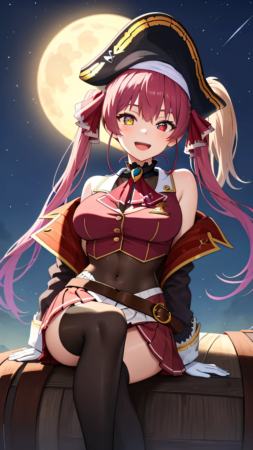 {{{masterpiece}}}, (best quality:1.5), (ultra-detailed:1.5), {illustration}, {{an extremely delicate and beautiful}}, (beautiful detailed eyes:1.6), absurdres, highres, extremely detailed face, 16k, hd, visual anime de uma jovem mulher, extremamente bonito rosto de anime, anime melhor garota, (perfect hands, perfect anatomy), (five fingers:1.1), anime face, Houshou Marine(Hololive), aamarine, 1girl, solo, cute face, long hair, red hair, twintails, hair ribbon, heterochromia, (red eyes:1.3), yellow eyes, breasts, large breasts, big hips, curvaceous, BREAK, black bicorne, pirate hat, black coat, long coat, long sleeves, off shoulder, red jacket, cropped jacket, sleeveless jacket, leotard, see-through, leotard under clothes, frilled choker, red ascot, white gloves, brown belt, red skirt, miniskirt, pleated skirt, leather belt, black thighhighs, thighs, zettai ryouiki, BREAK, pirate, smiling, looking at viewer, open mouth, on a pirate ship deck, (sitting on barrel:1.2), cross-legged, flushed cheeks, flash effect, outdoor, (night:1.3), on the ship, with a pirate ship, moonlight, night sky, peer in from below