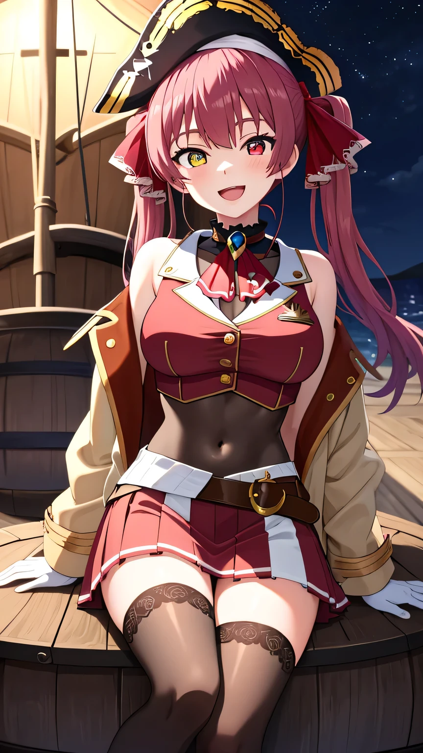 {{{masterpiece}}}, (best quality:1.5), (ultra-detailed:1.5), {illustration}, {{an extremely delicate and beautiful}}, (beautiful detailed eyes:1.6), absurdres, highres, extremely detailed face, 16k, hd, visual anime de uma jovem mulher, extremamente bonito rosto de anime, anime melhor garota, (perfect hands, perfect anatomy), (five fingers:1.1), anime face, Houshou Marine(Hololive), aamarine, 1girl, solo, cute face, long hair, red hair, twintails, hair ribbon, heterochromia, (red eyes:1.3), yellow eyes, breasts, large breasts, big hips, curvaceous, BREAK, black bicorne, pirate hat, black coat, long coat, long sleeves, off shoulder, red jacket, cropped jacket, sleeveless jacket, leotard, see-through, leotard under clothes, frilled choker, red ascot, white gloves, brown belt, red skirt, miniskirt, pleated skirt, leather belt, black thighhighs, thighs, zettai ryouiki, BREAK, pirate, smiling, looking at viewer, open mouth, on a pirate ship deck, wine barrel, (sitting on barrel:1.2), cross-legged, flushed cheeks, flash effect, outdoor, (night:1.3), on the ship, with a pirate ship, moonlight, night sky, peer in from below