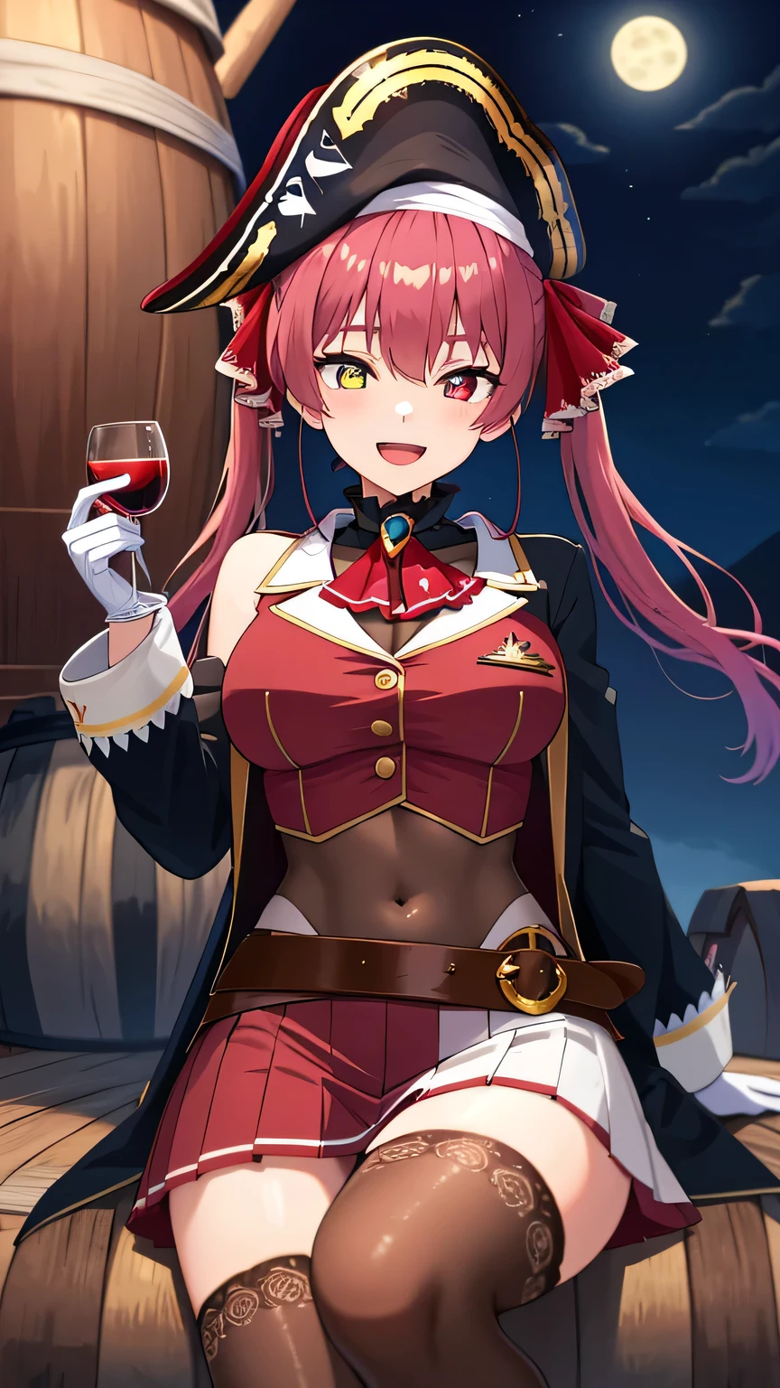 {{{masterpiece}}}, (best quality:1.5), (ultra-detailed:1.5), {illustration}, {{an extremely delicate and beautiful}}, (beautiful detailed eyes:1.6), absurdres, highres, extremely detailed face, 16k, hd, visual anime de uma jovem mulher, extremamente bonito rosto de anime, anime melhor garota, (perfect hands, perfect anatomy), (five fingers:1.1), anime face, Houshou Marine(Hololive), aamarine, 1girl, solo, cute face, long hair, red hair, twintails, hair ribbon, heterochromia, (red eyes:1.3), yellow eyes, breasts, large breasts, big hips, curvaceous, BREAK, black bicorne, pirate hat, (black coat:1.2), long coat, long sleeves, off shoulder, red jacket, cropped jacket, sleeveless jacket, leotard, see-through, leotard under clothes, frilled choker, red ascot, white gloves, brown belt, red skirt, miniskirt, pleated skirt, leather belt, black thighhighs, thighs, zettai ryouiki, BREAK, pirate, smiling, looking at viewer, open mouth, on a pirate ship deck, wine barrel, (sitting on barrel:1.2), cross-legged, flushed cheeks, flash effect, outdoor, (night:1.3), on the ship, with a pirate ship, moonlight, night sky, peer in from below