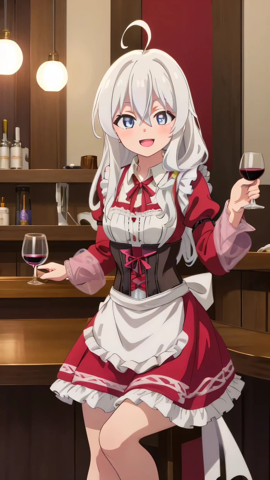 {{{masterpiece}}}, (best quality:1.5), (ultra-detailed:1.5), {illustration}, {{an extremely delicate and beautiful}}, (beautiful detailed eyes:1.6), absurdres, highres, extremely detailed face, 16k, hd, visual anime de uma jovem mulher, extremamente bonito rosto de anime, anime melhor garota, (perfect hands, perfect anatomy), (five fingers:1.1), anime face, elaina (majo no tabitabi), Eft_elaina, witch, 1girl, solo, cute face, long hair, white hair, ahoge, hair between eyes, sidelocks, pink bow, single braid, ribbon on braid, yellow hair clip, blue eyes, (High resolution eyes, Beautiful eyes, Light in the eyes), medium breasts, BREAK, dirndl, traditional bavarian dress, wearing a dirnd, hair ribbon, red ribbon, white shirt, collared shirt, wing collar, (red sleeve:1.5), long sleeve, (red corset:1.5), (red dress:1.5), long dress, frilled dress, (waist apron:1.5), white apron, barefoot, shoes, BREAK, okt0b, indoors, guild, medieval tavern, table, meat food, smile, open mouth, lots of food on table, drink wine, (((wine, bar (place), wine glass, (holding glass:1.2), one hand holding))), drunk, blush, sleepy, banquet, sitting in chair