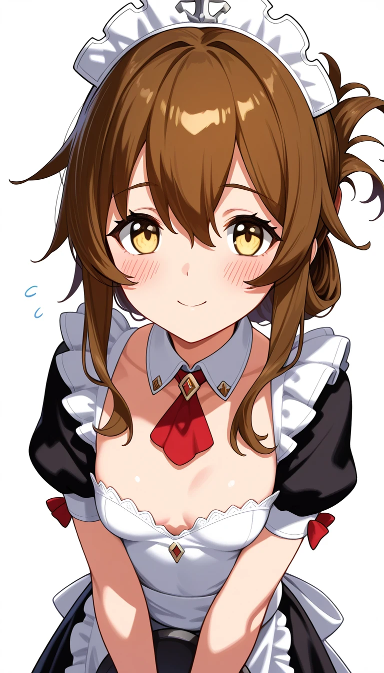 alone, One girl, Yunyun, (A shy smile:1.3)、(blush:1.3)、 View your viewers, Crown braids of the same color as your hair, Red Eyes、hair ornaments, Hair Ribbon, Pink tie, Long sleeve, Cleavage, Leaning forward、(The upper body is visible:1.2)、(View from below:1.4)、(The viewer is resting his head on her lap.:1.2)