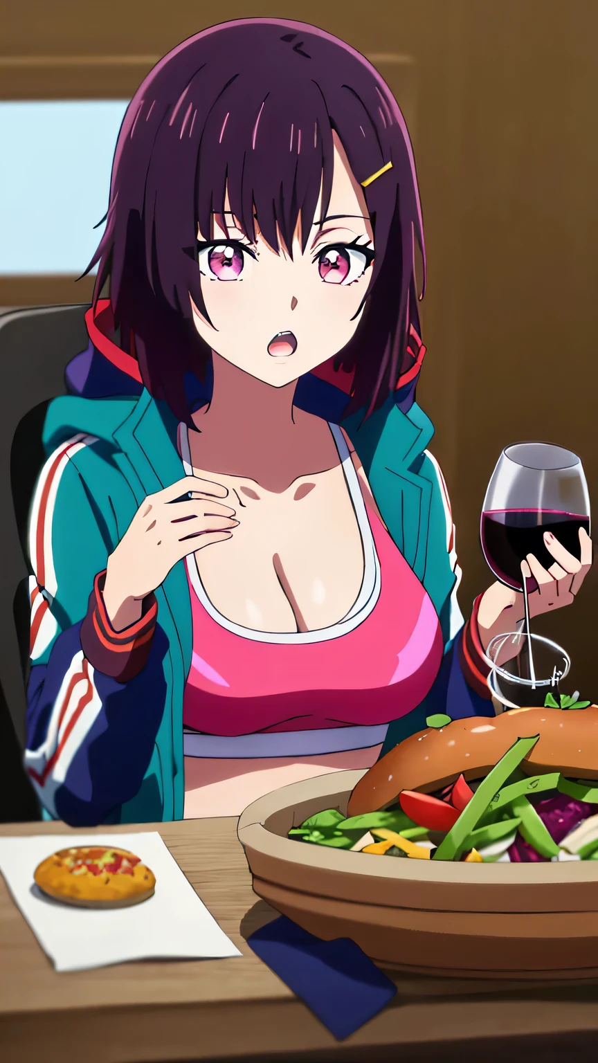 {{{masterpiece}}}, (best quality:1.5), (ultra-detailed:1.5), {illustration}, {{an extremely delicate and beautiful}}, (beautiful detailed eyes:1.6), absurdres, highres, extremely detailed face, 16k, hd, visual anime de uma jovem mulher, extremamente bonito rosto de anime, anime melhor garota, (perfect hands, perfect anatomy), (five fingers:1.1), anime face, shizuka mikazuki(Zom 100: Bucket List of the Dead), 1girl, solo, cute face, short hair, purple hair, flowing bangs, hair ornaments, hair clip, flushed cheeks, (pink eyes:1.5), medium breasts, BREAK, (oversized jacket:1.2), open Jacket, (colorful blue jacket:1.3), hooded Jacket, hood down, open clothes, jacket slip, sportswear, pink sports bra, cleavage, abdomen, BREAK, McDate_with_2D_Waifu, 1girl, solo, wine, (wine glass:1.3), Hamburger(lettuce, tomatoes, onion, cheese), eating, open mouth, holding food, looking at viewer, chair, potted plant, upper body, indoors, restaurant, sitting, teeth, :o, hands up, upper teeth, wide-eyed, blurry background, close-up