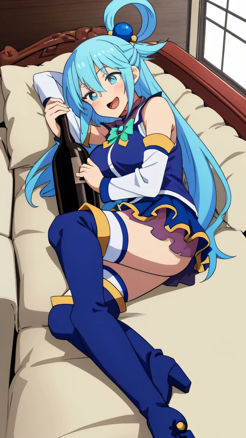 {{{masterpiece}}}, (best quality:1.5), (ultra-detailed:1.5), {illustration}, {{an extremely delicate and beautiful}}, (beautiful detailed eyes:1.6), absurdres, highres, extremely detailed face, 16k, hd, visual anime de uma jovem mulher, extremamente bonito rosto de anime, anime melhor garota, (perfect hands, perfect anatomy), (five fingers:1.1) anime face, aqua (konosuba), 1girl, cute face, long hair, blue eyes, hair ornament, very long hair, blue hair, half up, bangs, sidelocks, hair rings, hair bobbles, large breasts, big hips, curvaceous, BREAK, blue vest, shirt tuck out, white collar, green bow, bare shoulders, detached sleeves, white sleeves, (blue skirt:1.2), mini skirt, thighhighs, (blue long boots:1.5), thighs, zettai ryouiki, BREAK, Holding a wine bottle, bottle, hug sleeping, open mouth, blush, lying on sofa, (on side:1.1), captivating pose, indoors, bedroom, sofa, visual anime de uma jovem mulher, extremamente bonito rosto de anime, anime melhor garota