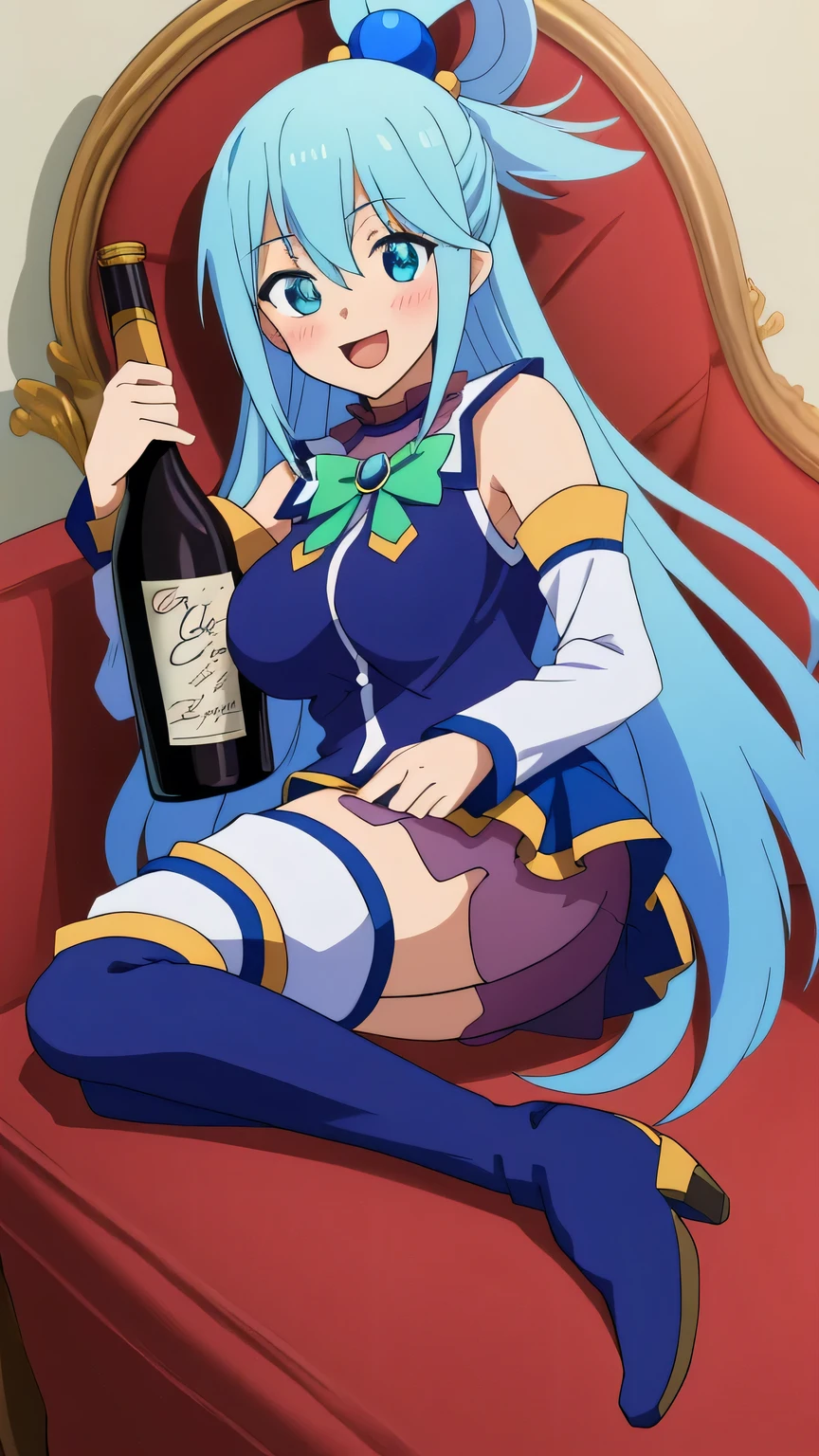 (score_9,score_8_up,score_7_up),source_anime,
1990s anime,1girl,alcohol,aqua \(konosuba\),bare shoulders,blue eyes,blue footwear,blue hair,blue legwear,blue skirt,blush,boots,bottle,breasts,detached sleeves,drunk,full body,hair ornament,hair rings,high heel boots,high heels,holding bottle,long hair,looking at viewer,medium breasts,open mouth,sake bottle,simple background,skirt,solo,spread legs,squatting,thigh boots,thighhighs,thighhighs under boots,v,very long hair,white legwear,wine bottle,