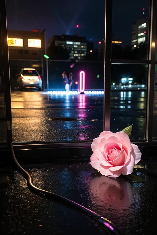 neon street on a rainy night，a giant holographic rose hung in the center of the sky，Petals dripping with glowing raindrops。a swarm of mechanical butterflies fluttered around a rose，metallic wings reflected pink  purple lasers，one of them landed on the fingertips of a girl in a leather trench coat.。a vine-like data cable was wrapped around her neck，windows behind the window reflected the dilapidated city skyline，Rainwater gathered，on the ground。 --chaos 60 --v 5.2