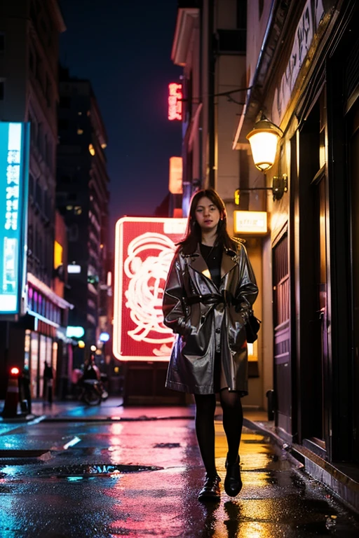 neon street on a rainy night，a giant holographic rose hung in the center of the sky，Petals dripping with glowing raindrops。a swarm of mechanical butterflies fluttered around a rose，metallic wings reflected pink  purple lasers，one of them landed on the fingertips of a girl in a leather trench coat.。a vine-like data cable was wrapped around her neck，windows behind the window reflected the dilapidated city skyline，Rainwater gathered，on the ground。 --chaos 60 --v 5.2