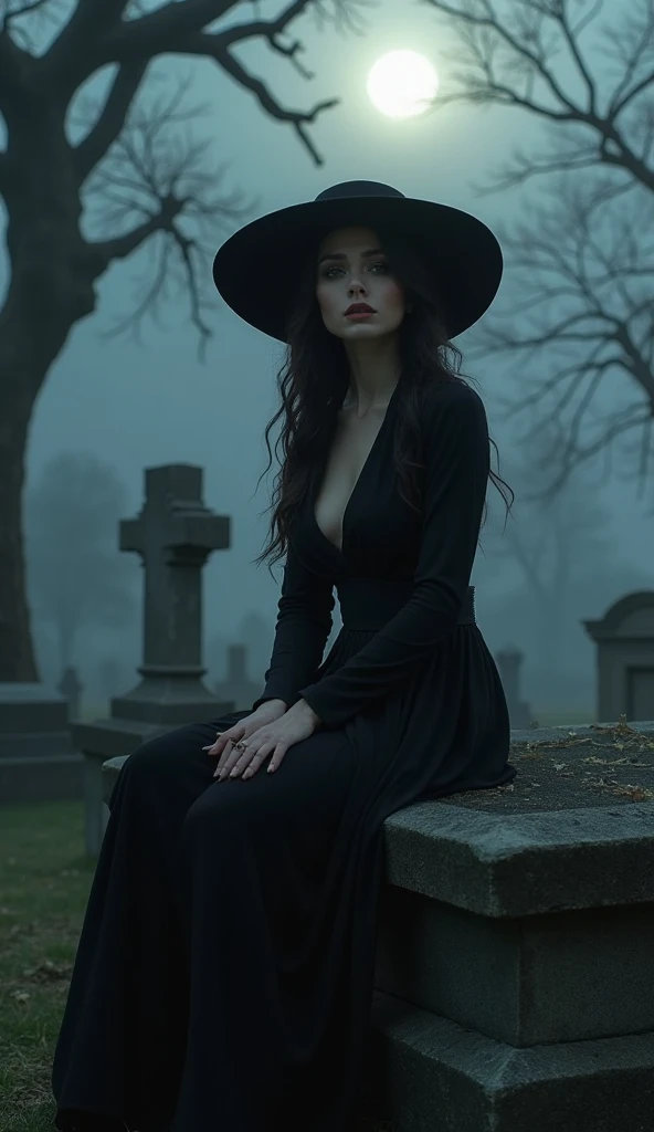 arafed woman in a black dress with short messy wavy black hair and a necklace, promotional still, anya taylor - joy vampire queen, artstyle tom bagshaw, beautiful female vampire, carmilla vampire, portrait of a young witch, vampire fashion, samara weaving vampire, tom bagshaw weta studio, with red hair, photo still, witchy clothing, beautiful female witch in fog filled graveyard, H R Giger style, Photorealistic, 8k