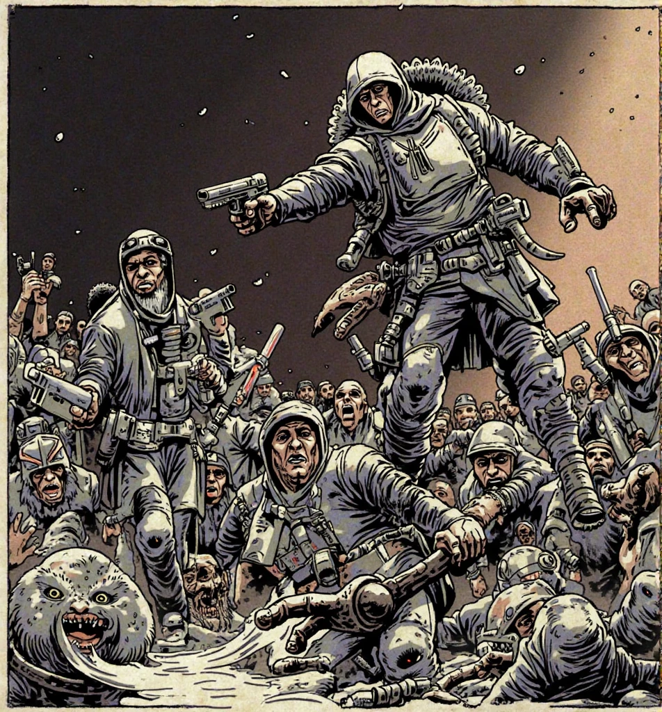 a sketch of a woman with guns and a helmet on her head and a gun in her hand, with other people behind her, underground comix, by kim jung gi