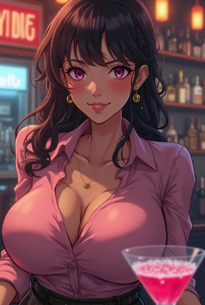 (from above:1.1),(from front:0.9), ((Face)), (Close-Up:0.4), masterpiece,"A 22-year-old girl stands at a bar counter. She is dressed in a stylish off-shoulder dress, sweater dress, off-shoulder sweater, red sweater,garter stocking, cleavage:1.1, black shorts, black thighhighs, thigh strap, pretty girl, (highly detailed beautiful face and eyes,firm breasts),real skin,((black,hair,long pony tail hair)),thin pubic hair,cute and lovely pose, detailed eyes, This masterpiece is only visually stunning but also tells,(double breasted:0.6,under bust:0.6),(with sparkling eyes and a contagious smile),open mouth, The bar is beautiful, with colorful bottles of alcohol in the background and a soft glow from neon lights. The atmosphere is relaxed, and the girl looks confident and fashionable.",full body, sexy pose,make a cocktail , in a bar counter, Looking at Viewer,
