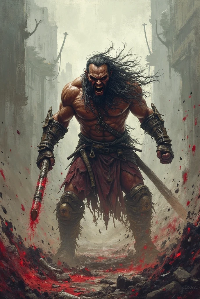 orc, man, warrior, using a bone ax in his hand, young, angry look, 8k