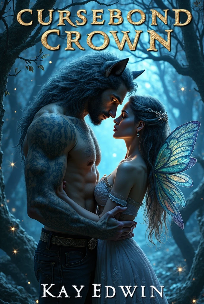 ((purple mist)), an ancient Greek huntress who commands a pack of wolves and ravens, with disheveled wild hair, burning wild eyes and a painted face. She is gently hugged by a werewolf male wolf, his eyes are burning with red fire, the ears of the wolf are moving on top of his head, the fur stands on end. Forest on the background of moonlight. Deep, rich colors and intricate details. Karn Griffiths and Charles Wess