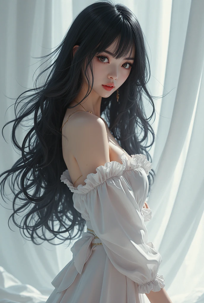 (NSFW:0.9) ,View from behind、(Realistic painting style:0.9), Tabletop, One Girl, alone, chest, Long Hair, ((Black see-through dress)), Grey Hair, Chest cleavage, View your viewers, smile, Mouth closed, bangs, Grey Eyes, Big Breasts, Expose your shoulders, Large chest, Sexy pose、View from behind,Sexy Style,((Her ass is visible through her panties)),(Thong)