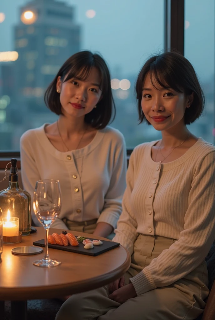 ((Highest quality、8K、masterpiece:1.3))、最高のsmile、1 male 1 female、Beautiful couple、love love love、Lovers in Paris、Good friends、actress couple、smile、Full-course dinner at a packed table、Brown Hair Couple、The body is スリム、((Bob Hale、Straight hair:1.2)), (Realistic, Intricate details:1.2), Wine glasses on the table、Shine light on your face、 Amazing view of the sunset sky and clouds、A bright smile、The wonderfulness of smile、Bright image、The beauty of wine, Beautiful Face, blue eyes, The light shines on your face, Blushing, short hair,Bright Face、 (Age 37), 39 years old, red wine 、Wine bottle、Champagne、sparkling wine、Two beauties、Brown Hair、Shortcuts、Long sleeve shirt、dress、Beautiful woman 1, (Slim face), (The body is スリム), (Brown Hair), (Shortcuts), cheeks turn a little red,Attractive beauty、restaurant, 