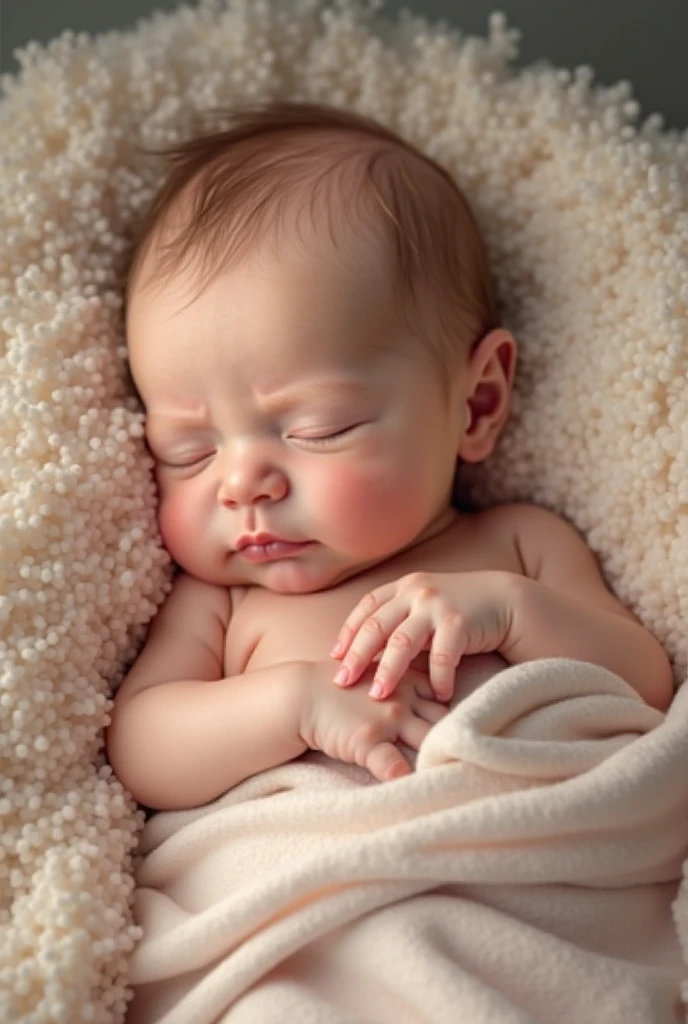 Cute little baby lying on a fluffy white blanket 