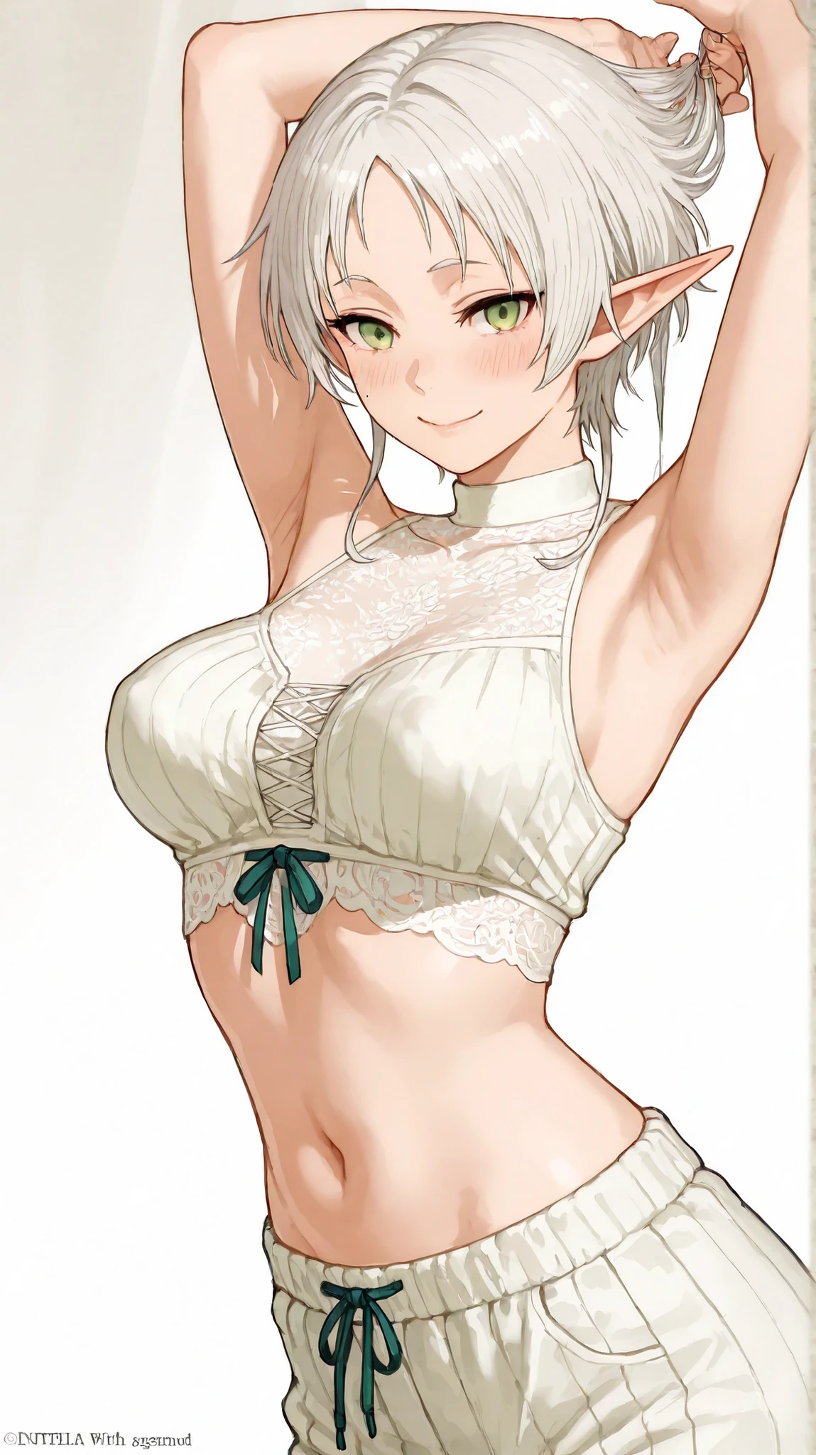 An ultra-detailed, 4K anime illustration masterpiece: Sylphiette from Mushoku Tensei in her teenage form. Short silver hair with flawless bangs, delicate elf ears, fair, soft skin, emerald green eyes, a subtle blush, and youthful, elegant features.
A medium shot from the waist up, with the camera slightly below eye level, capturing her raised arms and a playful expression.
The figure stands with her arms raised in a relaxed, natural gesture, exposing both armpits. Her elbows are slightly bent, her fingers interlaced or gently tucked into her hair, and her torso is slightly turned for added dynamism.
She wears a white lace top with ribbon detailing (as in the reference), semi-sheer fabric with subtle visible pleats and natural wrinkles, and light-colored jeans.
Expression: shy yet playful smile, flushed cheeks, mischievous gaze.
Semi-realistic with delicate curves, high-definition details in the face and eyes, soft shading that emphasizes the contours of the arms and shoulders. Plain white background, no props, clean composition.
Artistic style inspired by elegant magazine covers. Warm, soft lighting that enhances skin tones. Soft glow. Natural shadows cast over the body's contours. Lace fabric that captures the light with a semi-transparent effect.
Sharp focus, hyper-detail, ultra-high resolution, professional photographic lighting, realistic fabric texture, and crisp lines.