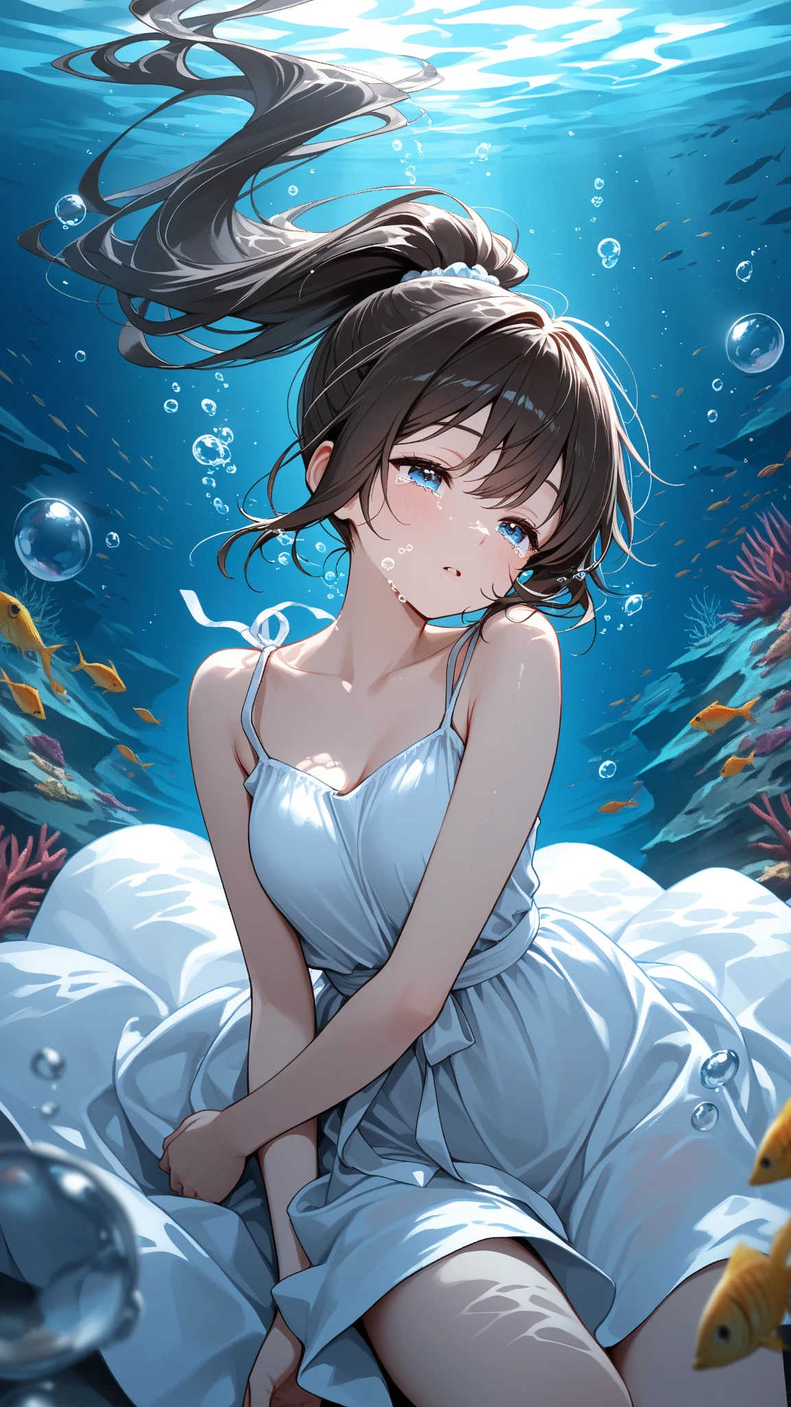 Masterpiece,higuchi_madoka,hair ornament,blue skirt,in water,bubbles