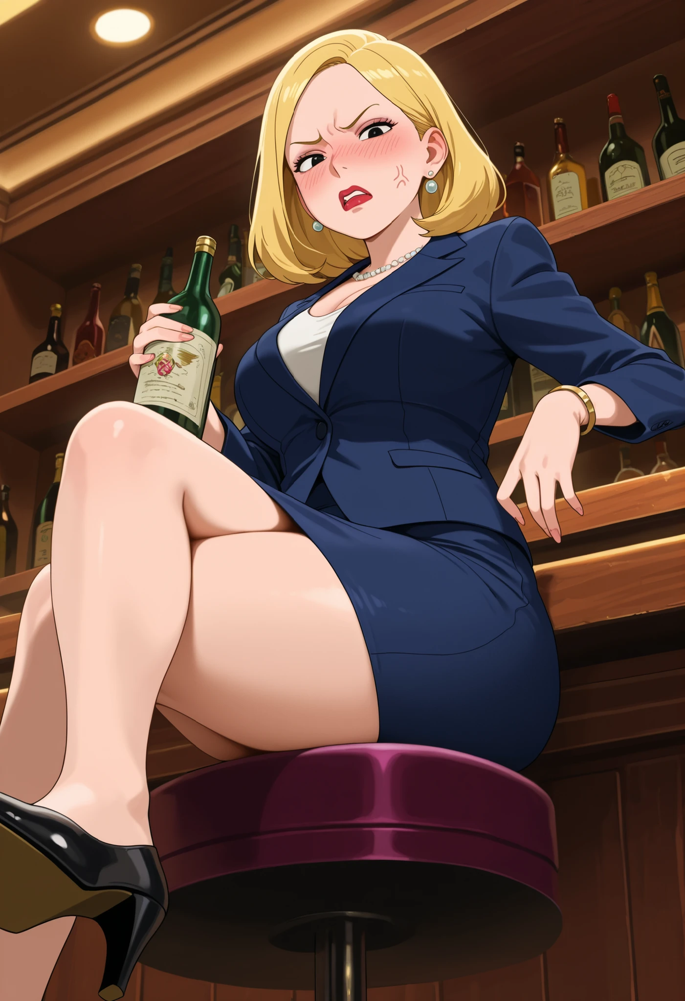 Beth Smith, mature woman, blonde hair, solo, medium hair, small saggy , huge . earrings. red lips, black eyes | masterpiece, best quality, amazing quality, 1girl, solo, makeup, general, cowboy shot, looking at viewer, blush, dramatic angle, bar(place), shelf, alcohol, red wine bottle, holding, angry, anger vein, blush, (sit on bar stool), crossed legs, bar counter, from below, high heels, , swept bangs, formal, jewelry, earrings, suit, jacket, shirt, pencil skirt