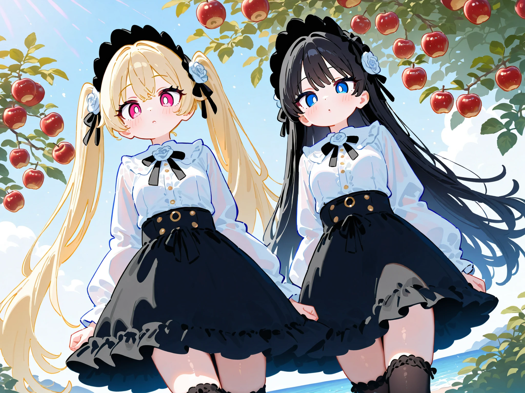 High Quality Masterpiece Detailed description two girls 2 gothic lolita girls girl A:(pink eyes Glittering Blonde twin tail very long hair with rolled tips Young lady black headdress big breasts) girl B:(glossy black hair long straight hair blue eyes black thigh-high socks small breasts) voluminous eyelashes Pink Lips, (very shy expression flushed face stare at me) (White rose hair accessory High Waist Flare Skirts blouse) (Apple Tree terrace Scenery where the ocean and city can be seen flower) (composition seen from the front)