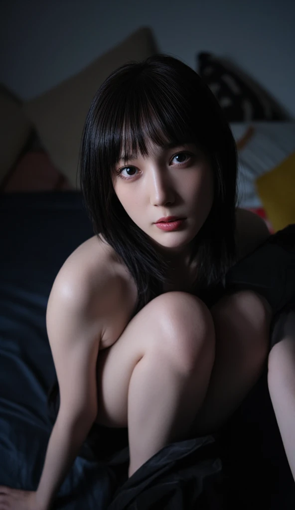 Ultra realistic, 16k, high quality, 1 naked well lit girl, erotic nightmare aesthetic, dream aesthetic, light black hair, cute bangs on the forehead, black evil eyes, bright evil eyes look, perfect nose, evil smile, pale-grey skin, white/grey skin, flushed cheeks, natural detailed tits, showing natural breasts, narrow waist, big hips, hot big vagina, hot legs, erotic creepy aesthetic, 17 years old, (beautiful natural body), professional photography of a naked woman detailed, sharp focus, dramatic, award-winning, cinematic lighting, dream aesthetic, volumetric dtx, (film grain, creepy experiment laboratory background, terrifying  dark laboratory scenario, blurred foreground, Bokeh, depth of field, motion blur:1.3), multiple hot sexy poses and multiple angles.