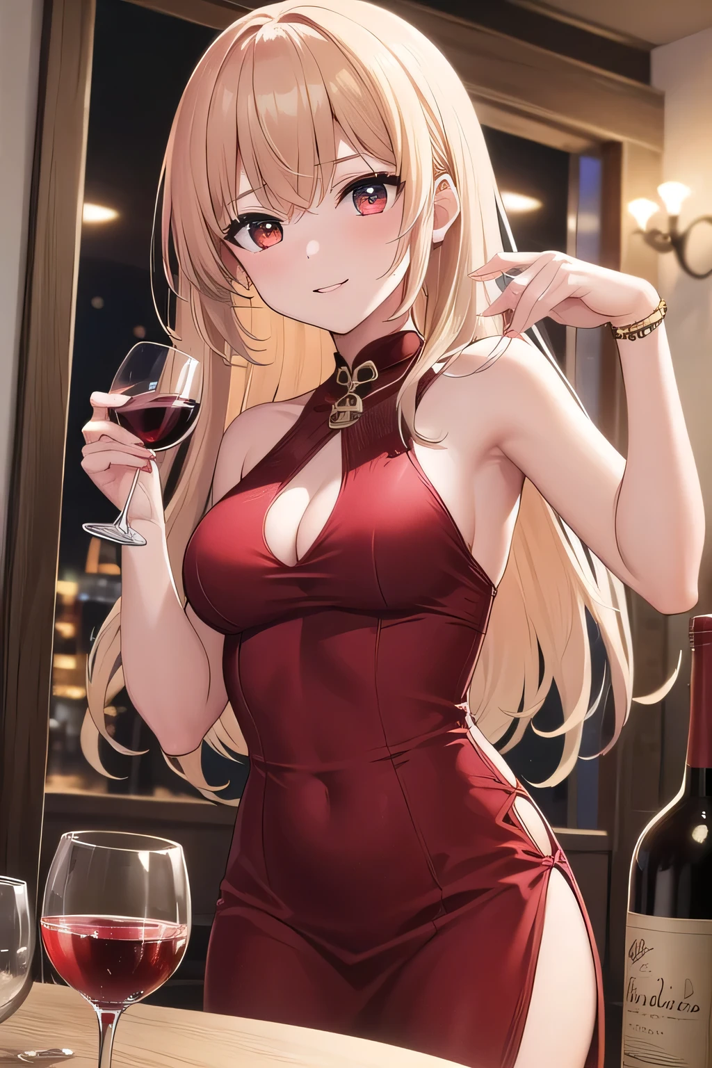 [artist:ningen_mame],[artist:sho_(sho_lwlw)],[artist:mignon],[artist:kedama milk],[artist:ask_(askzy)],artist:wanke,artist:wlop,artist:fujiyama,1girl,asuna,asuna \(sao-alo\), sword art online,yuuki asuna, brown eyes, brown hair, long hair, bangs, braid,sitting, holding cup, smile,closed mouth,large breasts,brown hair,parted hair,long hair,red dress,halter dress,plunging neckline,center opening,cleavage,navel,earrings,bracelet,people,multiple boys,restaurant,