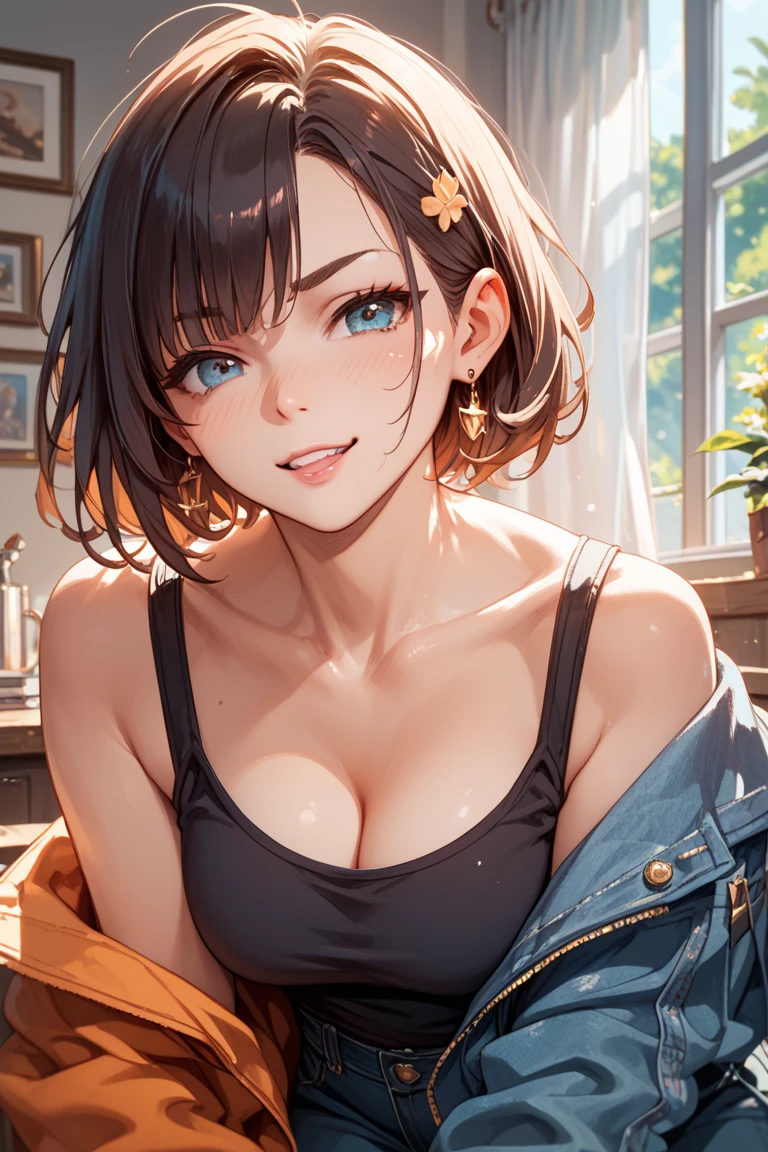 baby face, (short brown fluorescence hair:1.5,ponytail hair:1.5), (masterpiece, sidelights, exquisite beautiful eyes: 1.5), masterpiece*portrait,(cute face),front view: 1.6、 (glowing green eyes:1.2),plump face:1.5,(tareme:1.5)、(seductive smile:1.2),Rosy Mouth,Slim Body,abs, shiny hair, visible belly, shiny skin: 1.5、medium breasts,cleavage、solo,,(stand)、(white tank-top and black skirt)、(charactor focus:1.5、portlate、upper body),stage,