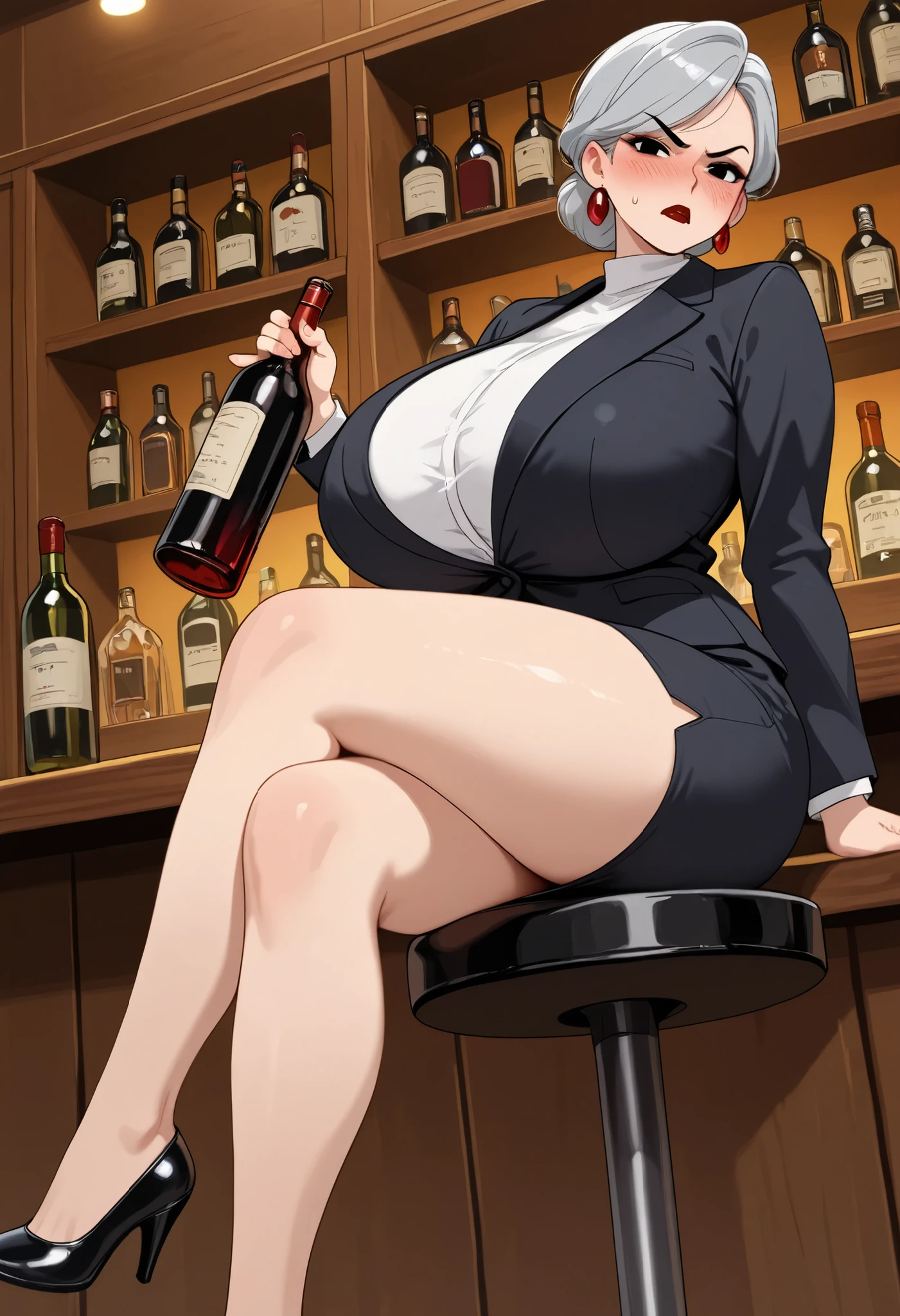 Grandma. gray hair, black eyes, short hair, dark red lips, wrinkles, earrings, makeup, , granny and femboy, | masterpiece, best quality, amazing quality, 1girl, solo, makeup, general, cowboy shot, looking at viewer, blush, dramatic angle, bar(place), shelf, alcohol, red wine bottle, holding, angry, anger vein, blush, (sit on bar stool), crossed legs, bar counter, from below, high heels, , swept bangs, formal, jewelry, earrings, suit, jacket, shirt, pencil skirt