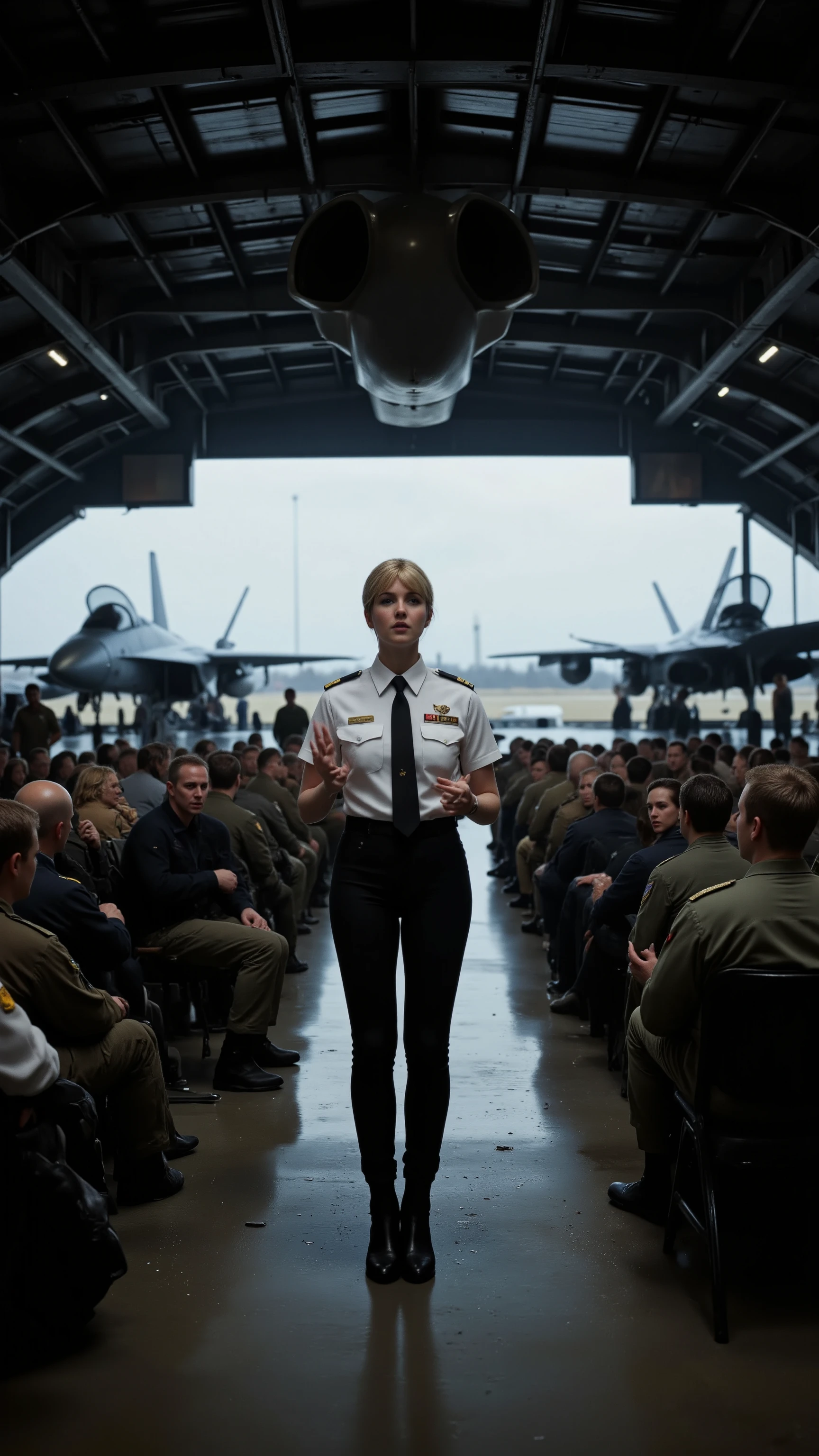 highdefinition image、Movie Top Gun、Female Instructor Giving a Lecture in Front of F-18、A 生徒達 is sitting on a chair、Inside the Air Force Base Hangar