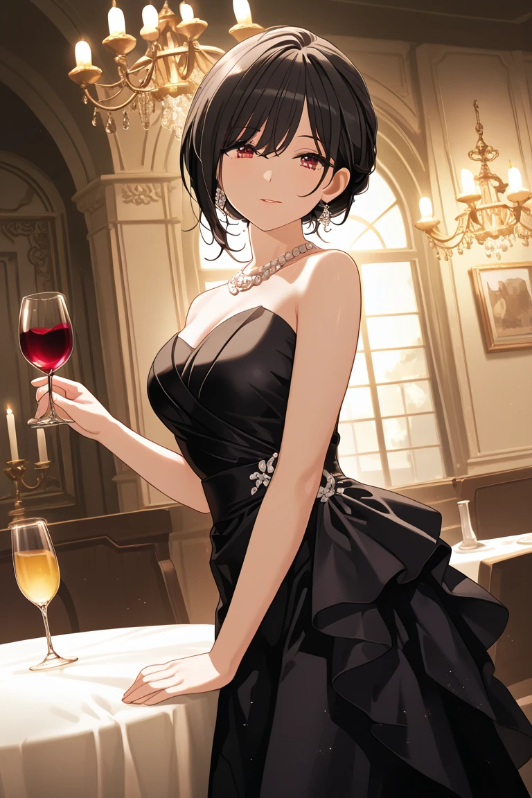 (high quality, best quality), 1girl, solo, nagase mana, black gown, <lyco:nagasemana:0.75>, holding_glass, wine, looking_at_viewer, smile, blush, ballroom, night, chandelier, hdr
