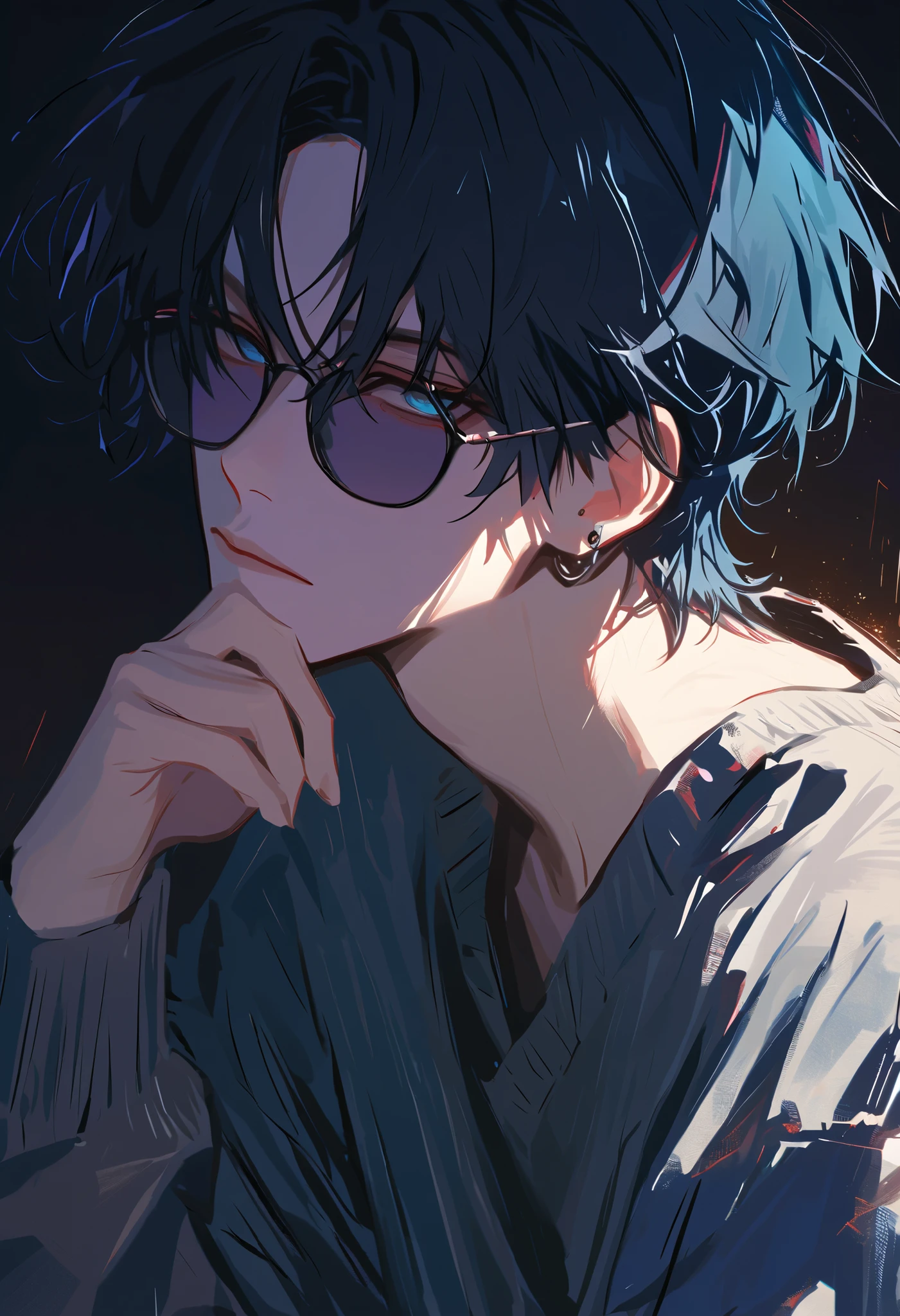 anime,scenery,PEAnimeBG,Background, impasto, short hair, Masterpiece, best quality , 1 person , black hair with GLAY inner hair color , perfect face , GLAY Eye , handsome man , Alone, blue-white skin , adult male , upper body , Delicate line drawing, front with side View , very detailed , black background , sketch , Stylish clothes , black sunglasses , border color cardigan, modern style , piercing , sit , expressionless , rest one's chin on one's chin , one's eyes from above