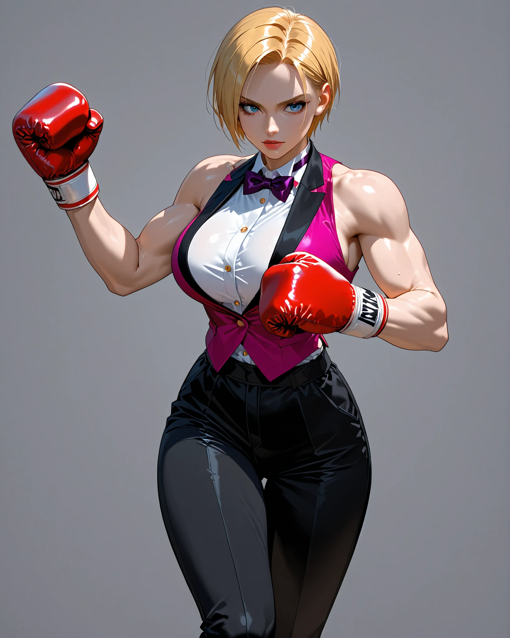 1girl, KOFKing, short blonde hair, large breasts, bowtie, sleeveless suit, boxing gloves, black pants