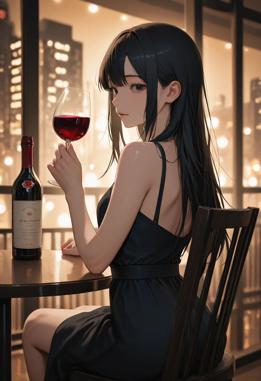 detailed illustration, dynamic angle, ultra-detailed, illustration, 1girl, late 20’s year old, dark, night, in a fancy restaurant, eating dinner at a nice table, nighttime, vampire, black dress, cleavage, red eyes, detailed eyes, long black hair, from the side, melancholy, sad, frowning, unsatisfied, depressed, well endowed, larger bust, a little drunk, noticeable cleavage