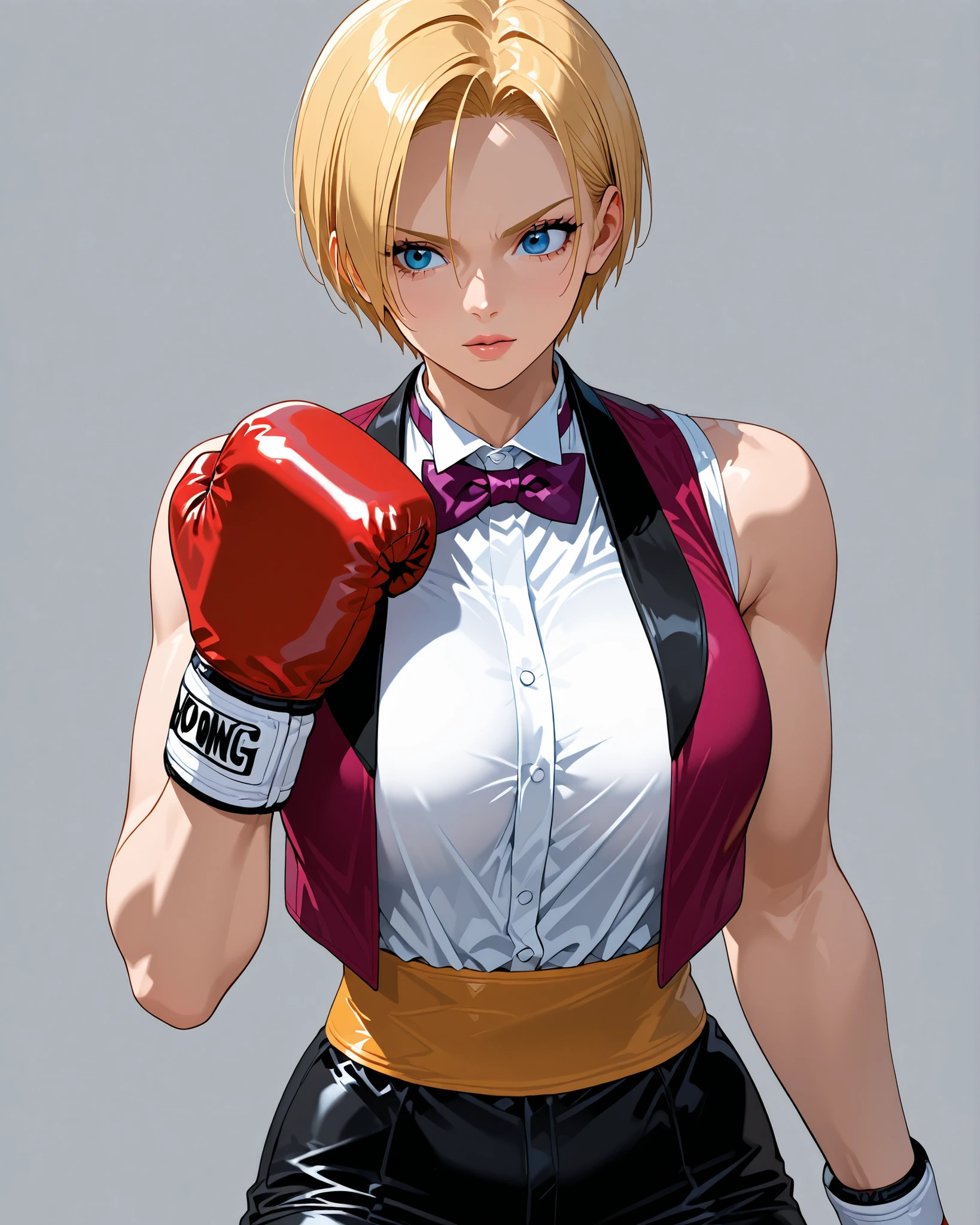 1girl, KOFKing, short blonde hair, large breasts, bowtie, sleeveless suit, boxing gloves, black pants