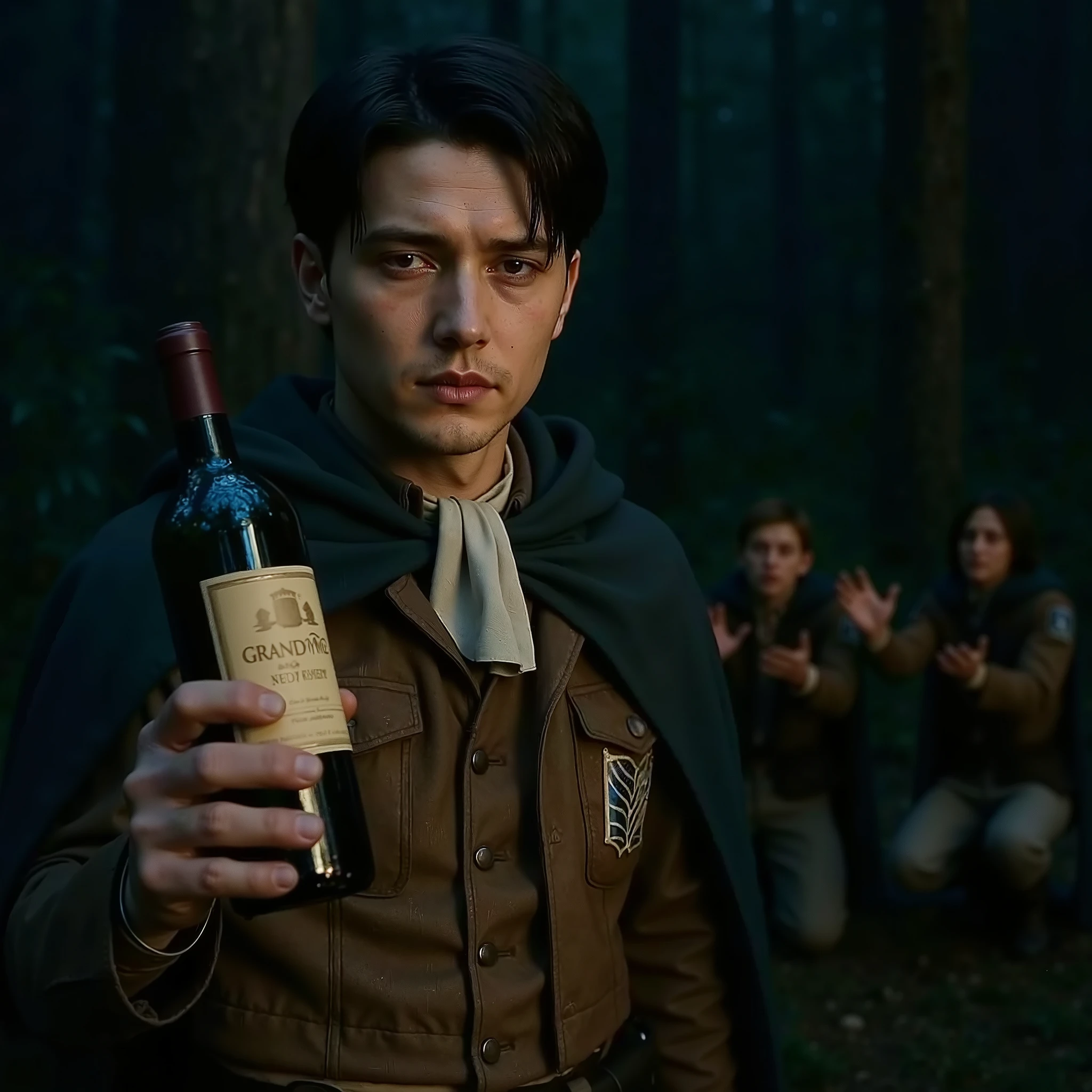 realistic depiction like the picture、 、realistic images、Surveyors are drinking wine around Levi Ackerman with a bottle of wine、two block hair、Scout Regiment uniform、cape、in the forest at night、Surveyors are drinking wine around