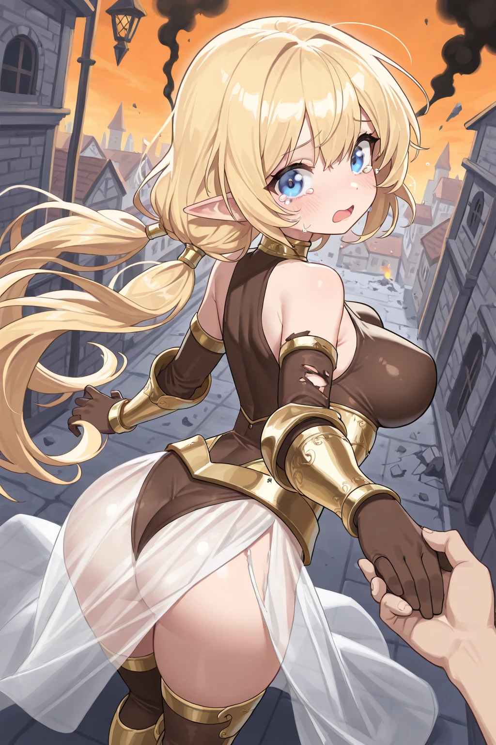 (a giant girl in a dungeon in front of a girl on a tiny cliff: 1.2), (a giant in front of a girl on a tiny cliff), (inside the dungeon for adventurers: 1.3), simple background, (catgirl), :3, armor, gambeson, poor clothing, adventurer clothing , all fours, (big hanging breasts squeezed together: 1.1), (from below: 1.1), (foreshortening:1.3), (girl on a platform from behind: 1.4), (tall girl: 1.1), professionally drawn, (huge breasts), (cleavage sweat), (anime drawing:1.1), (simple bold lines: 1.1), (anime:1.1), (very cute anime girl), (bright), (low contrast), (prettiest teenage girl), (mature face: 1.4), (tall girl with big breasts: 1.2)