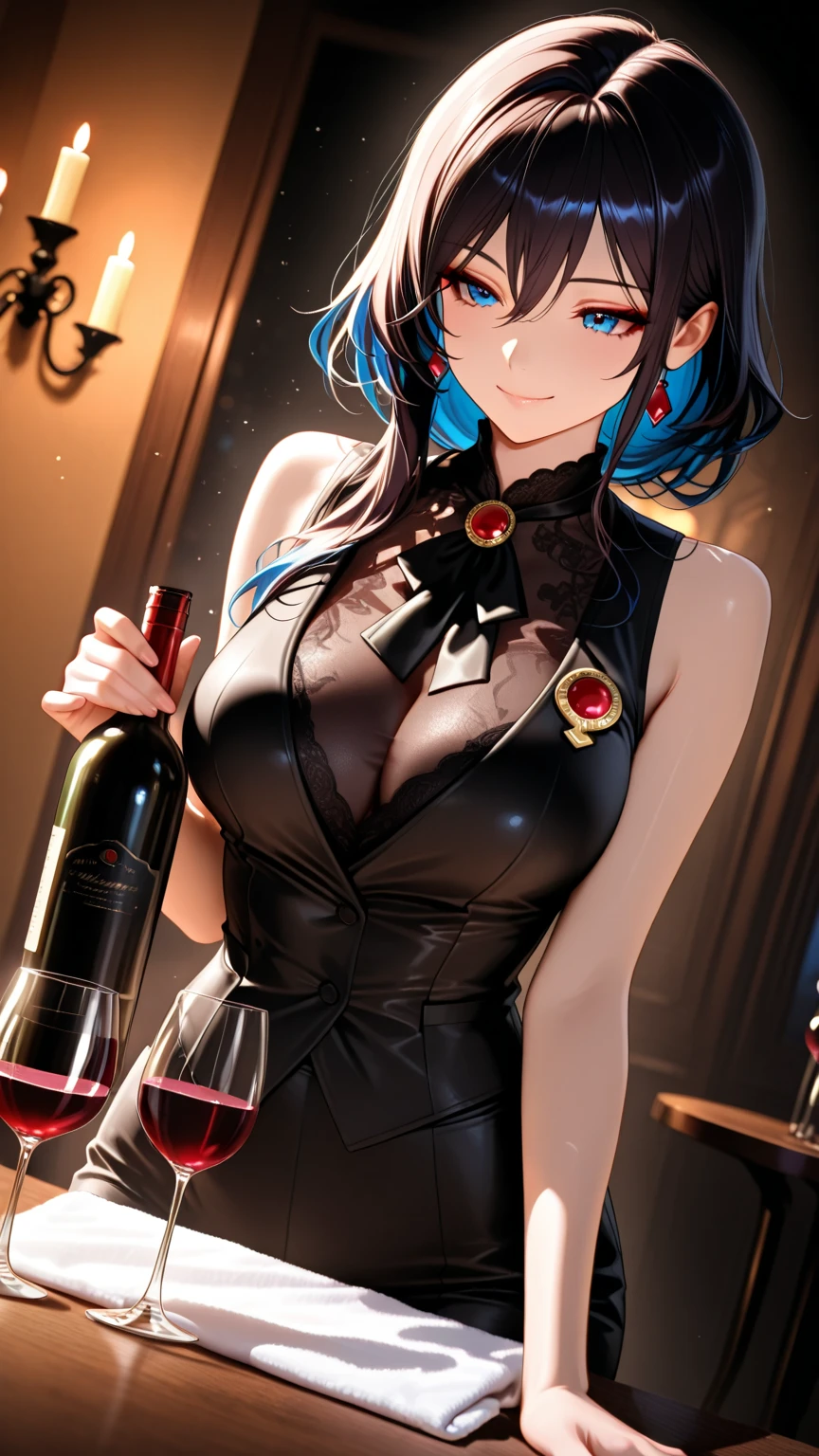 (dynamic angle), (ultra-detailed), ((extremely detailed)), 1lady, ((beautiful blue eyes)), beautiful black short hair, glasses, open-button suits, skirt, stockings, clothes on the verge of falling off, bar, lift up one's skirt, (White bra), ((White panties, cameltoe)), buttocks, large breast, sweaty, wet body, dripping wet clothes, slim, slender, ashamed, blush, shiny-glistening, gleaming, ((masterpiece)), ((best quality)), 4K, (8K)