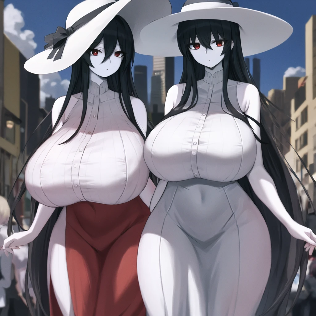 (((1 woman, with long black hair, huge breasts, completely naked, pregnant)),((1 thin woman with very short slip dress)),2 woman walking hand in hand on the street during the day,