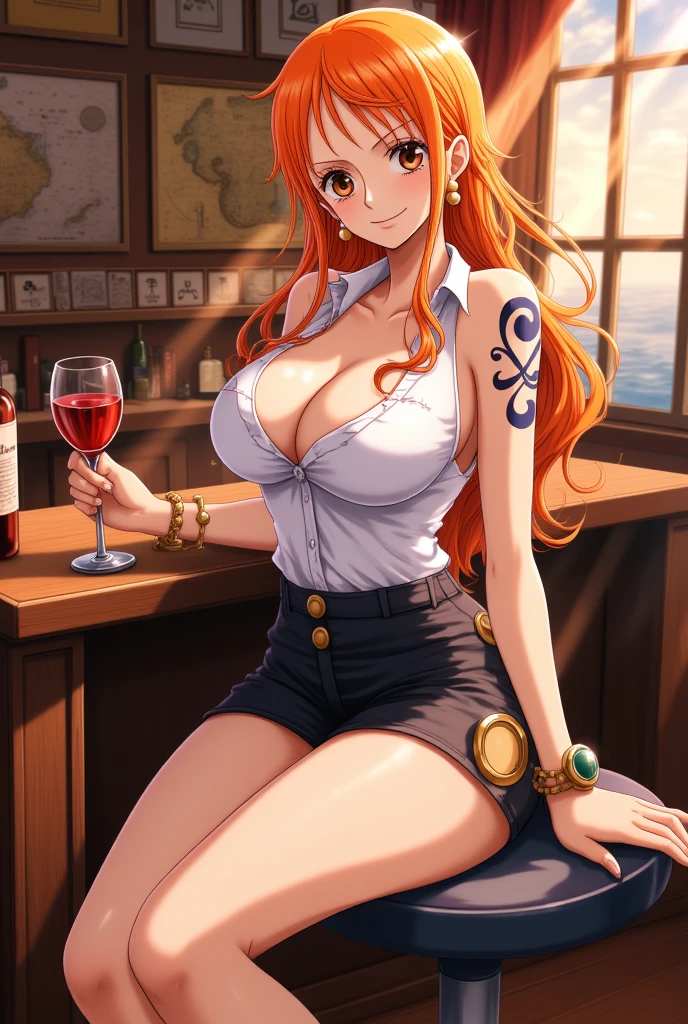 alchemist, ginger woman.  auburn hair. braids, loose white shirt, ((completely unbuttoned, showing navel and cleavage)), leather pants, potion belt, detailed background ancient ruins (small_breasts:1.1)