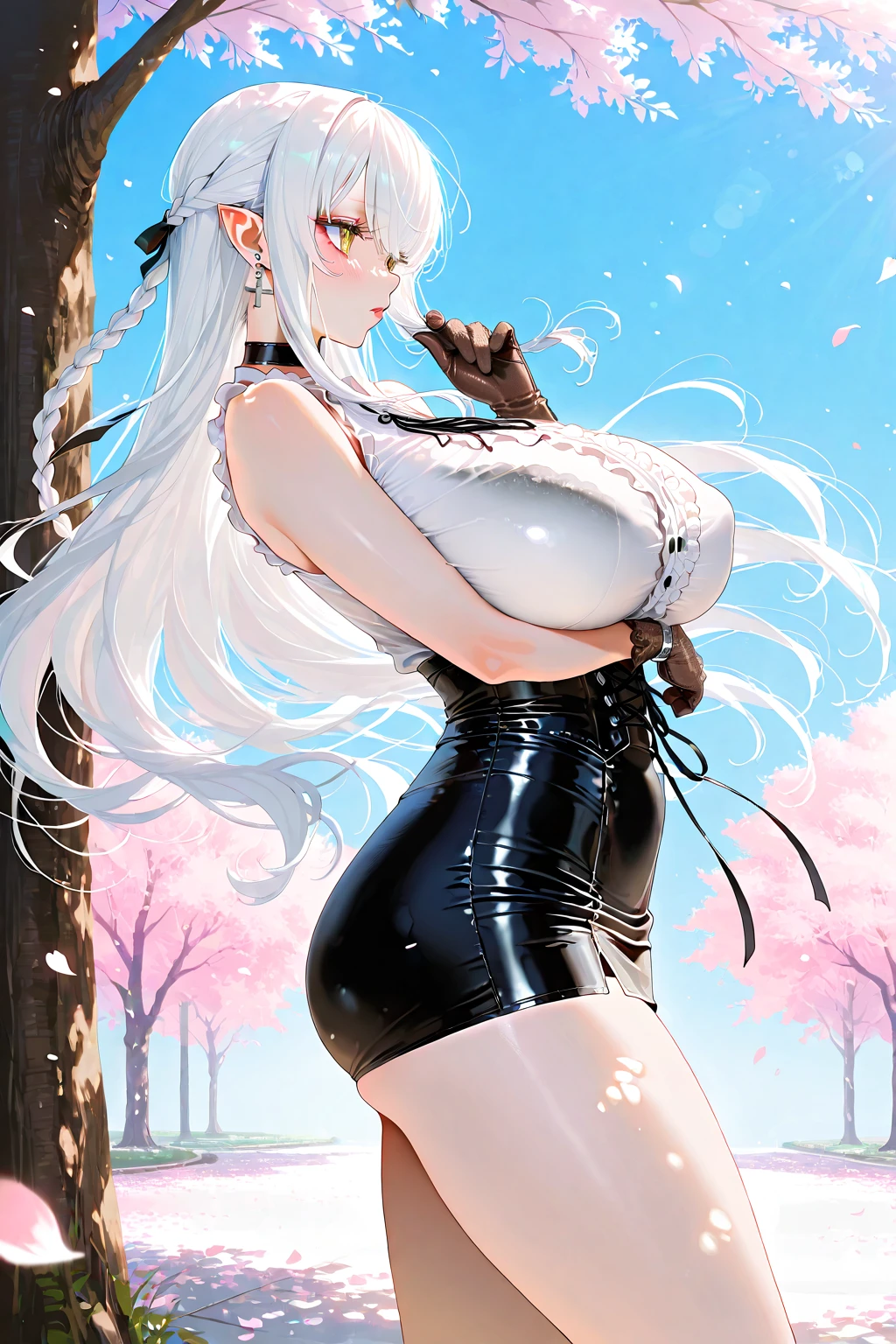 Creating an illustration of a woman, white cat ear, long white twintails, purple cat eyes, Tanned skin, big breasts, She is happy and smiling, She has claws on her fingertips, She has a white cat's tail, She is wearing a little black crop top and a black mini skirt, She is having fun in a flower field.
