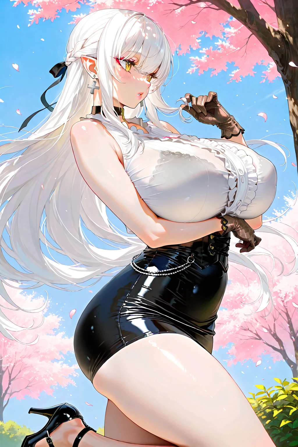 蹲下,(absurd res, A high resolution, ultra - detailed, hyper HD, Cinematic), Alone, 1个Giant Breast Girl, Shadowed Elegance,Cursed beauty,mature, Happy,hime cut,long hair,blue eyes, (huge breasts:1.6),cleavage, collarbone, bare shoulders,armbands,(corset),(larger breasts:1.6), girl standing in light blues flower field, light blues flower petal surrounding girl, full bodyesbian, silver long-haired girl, light silver hair, fanciful, dream-like, Snowy Land, offcial art, trending art, contours, ultra - detailed face, ultra - detailed eyes, light blues flower field, ultra - detailed field, The white blue sky, Cold, light blues, The white,  Nebula in the sky, blue tree, aquarelle, pastel colour