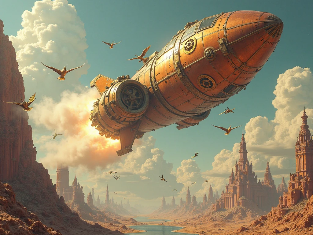 Vintage-inspired spacecraft bursting from alien steampunk world - SeaArt AI