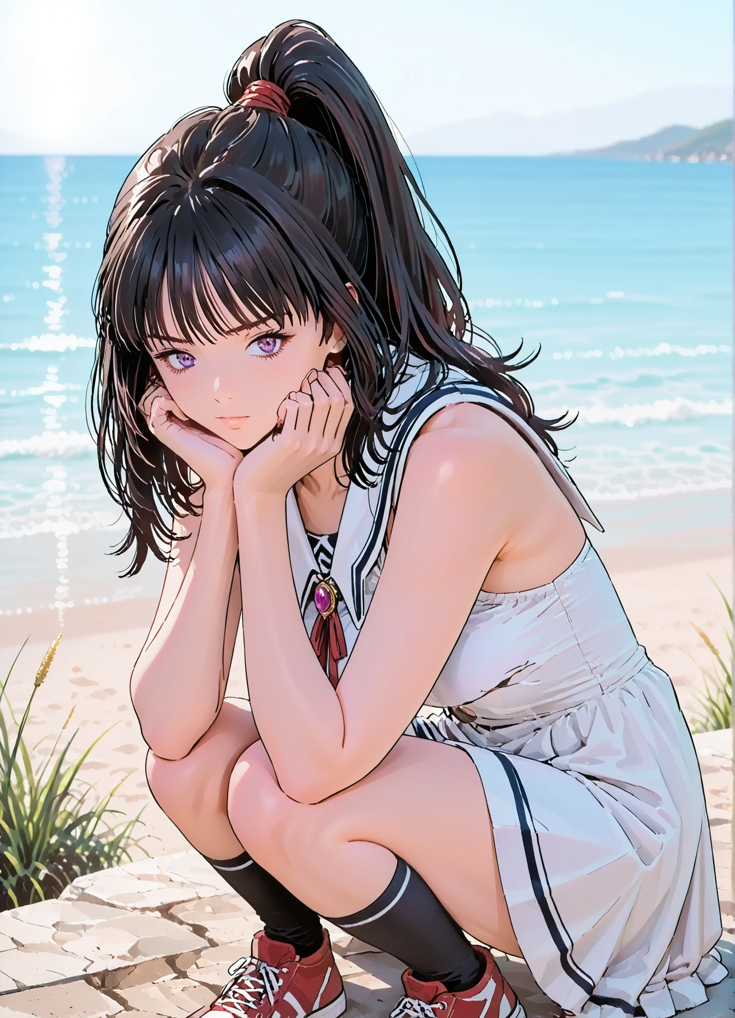 (masterpiece, Highest Quality:1.2), one girl, ((Long Hair))ponytail tied with a red ribbon, ((Knee Socks)), Exposed Shoulders, ((gem)), (( no sleeve )), white sailor dress,red sneakers,Looking at the ocean in the park on the hill